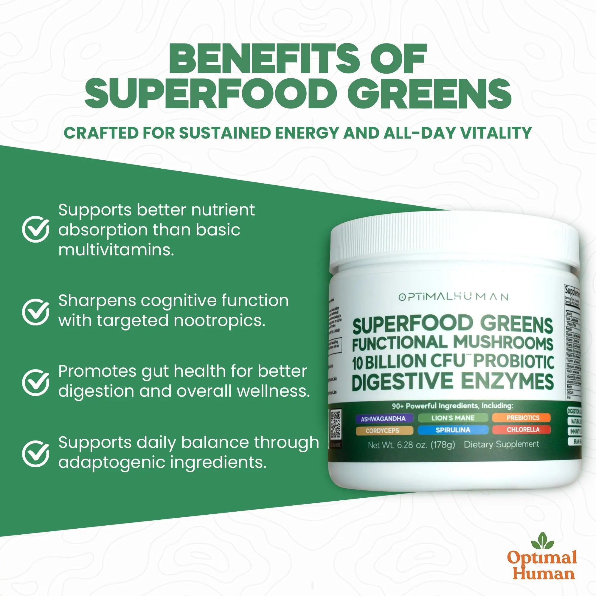 Optimal Human Superfood Greens Powder – 90+ Ingredient Blend with Lion’s Mane Supplement, Ashwagandha & Turmeric O HAu supplements