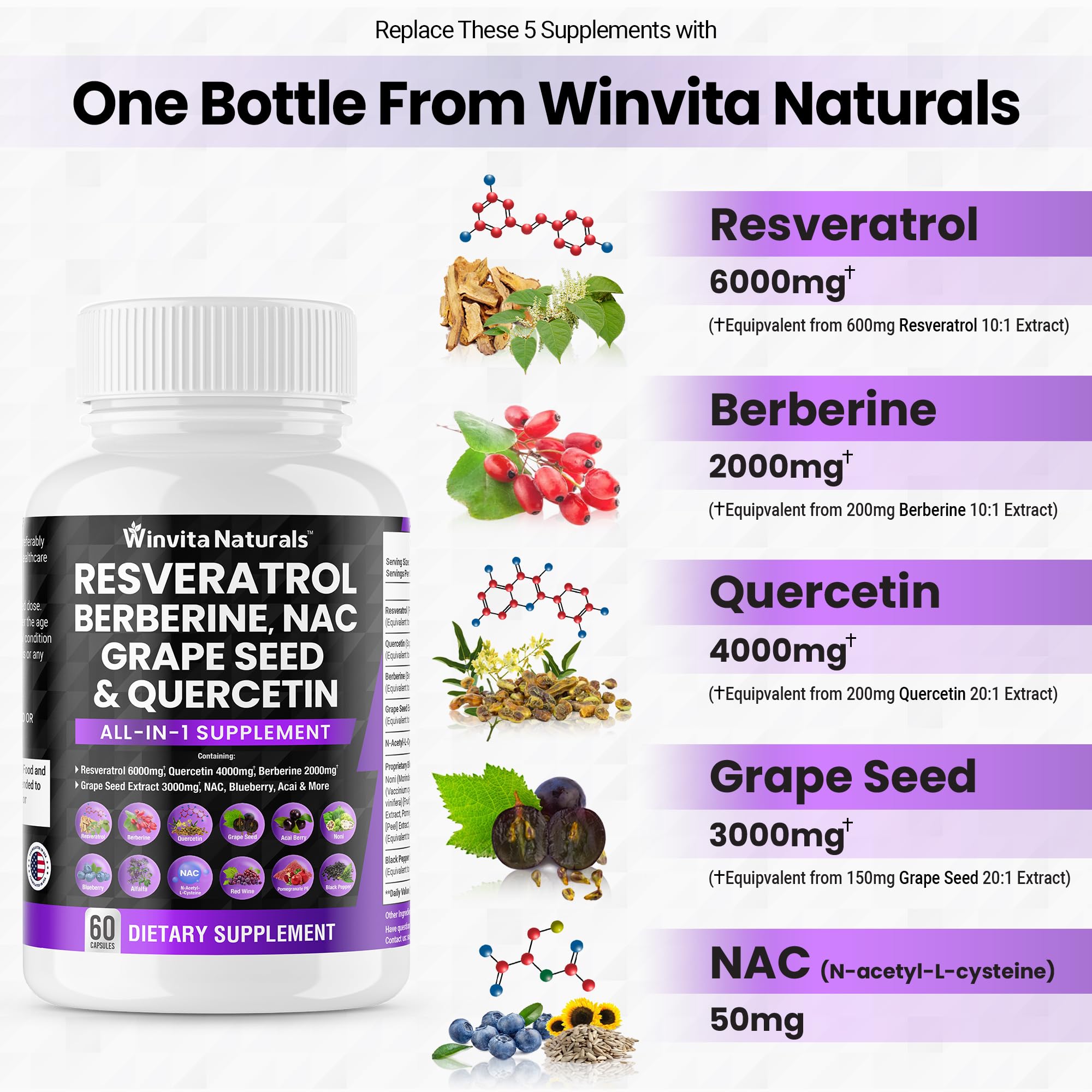 Resveratrol 6000mg Quercetin 4000mg Berberine 2000mg Grape Seed Extract 3000mg Winvita NaturalsUS supplements