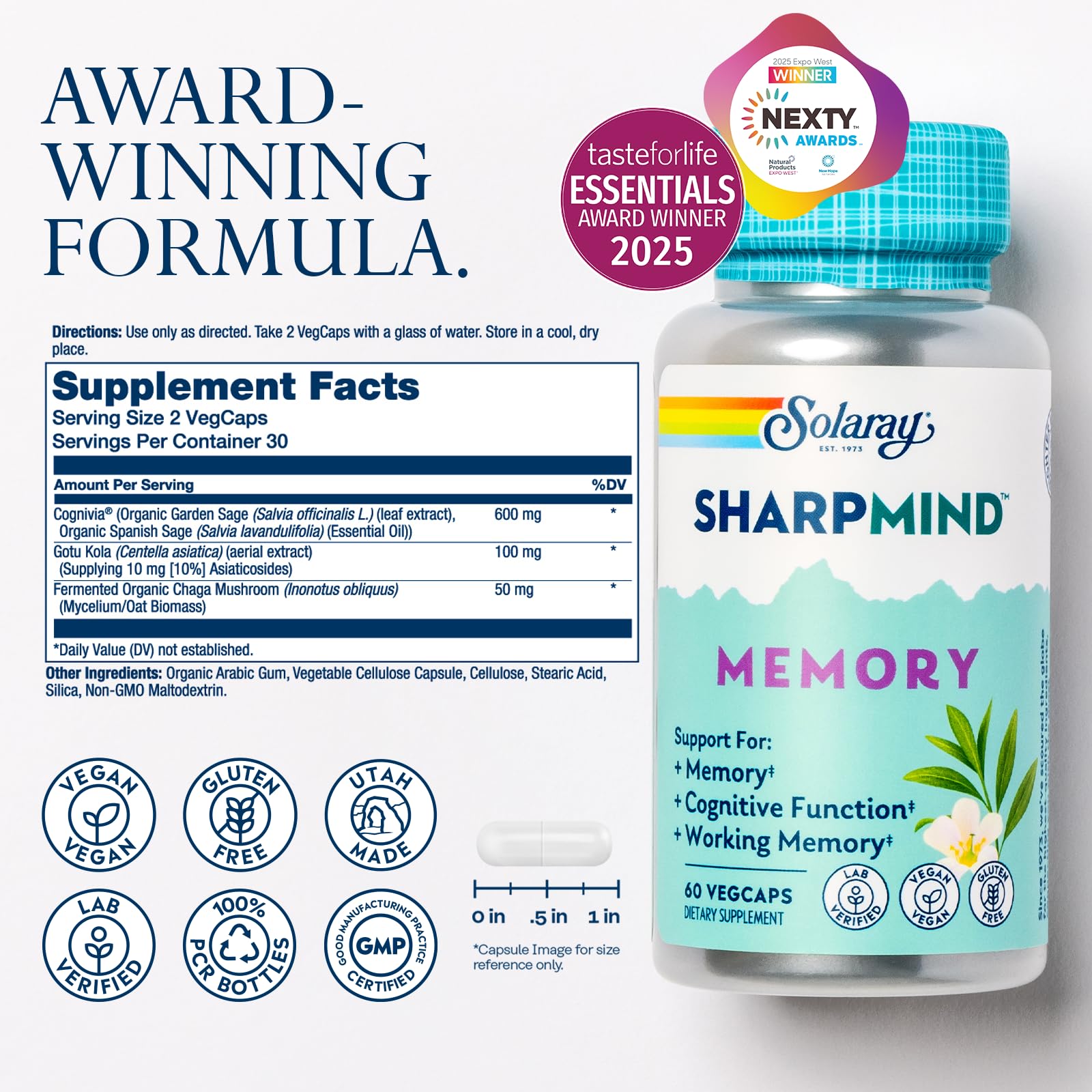 SOLARAY SharpMind Memory Formula - Brain Supplements for Memory and Focus - Cognivia, Gotu Kola & Chaga Mushroom Supplement - Ginkgo Biloba Alternative - 60-Day Guarantee - 30 Servings, 60 VegCaps SOLARAYAu supplements