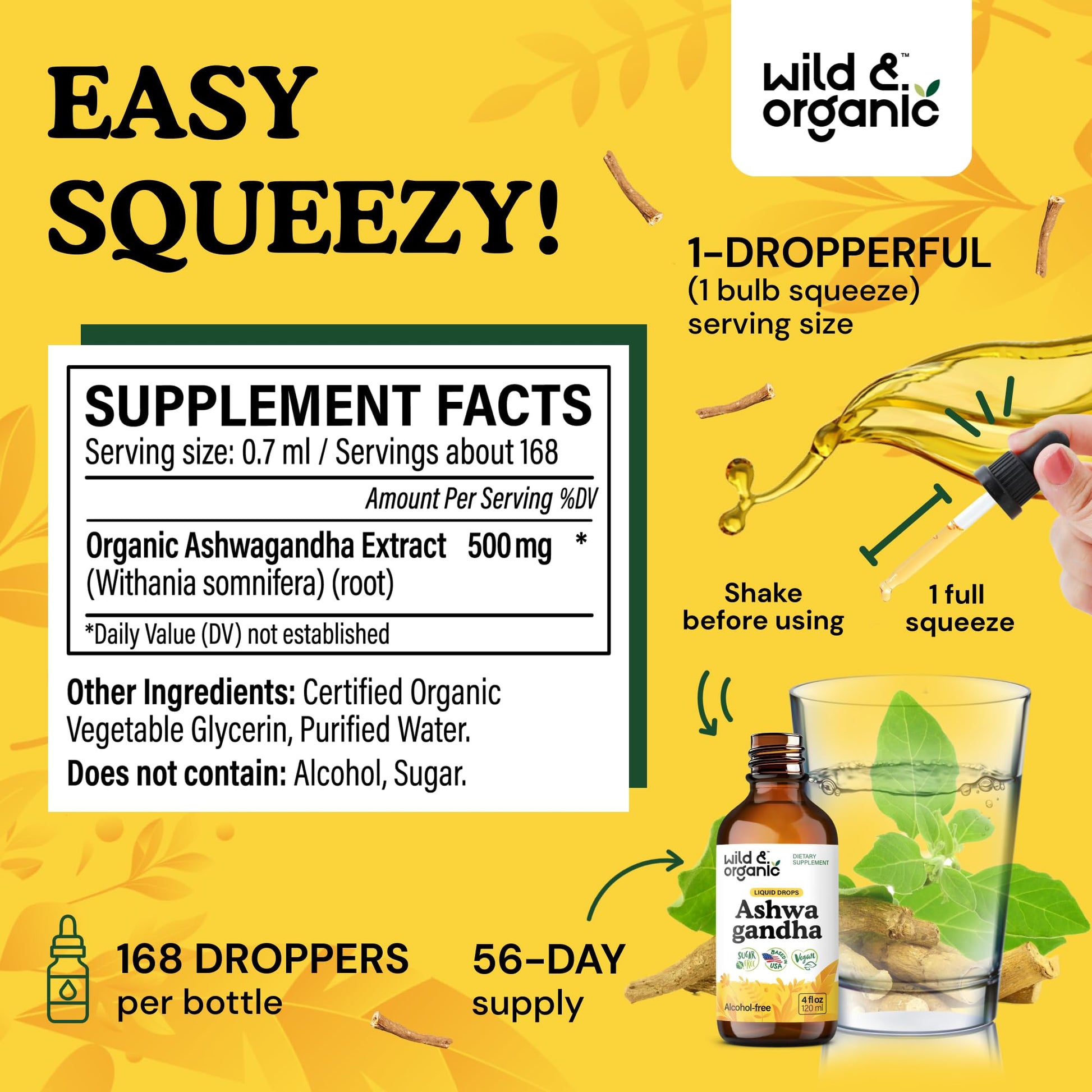 Wild & Organic Ashwagandha Drops - Mood Support & Positive Energy - 500 mg Ashwagandha for Women & Men - Add to Tea Liquid Extract for Relaxation - Non-GMO, Sugar & Alcohol-Free Tincture - 4 fl oz Wild & OrganicAu supplements