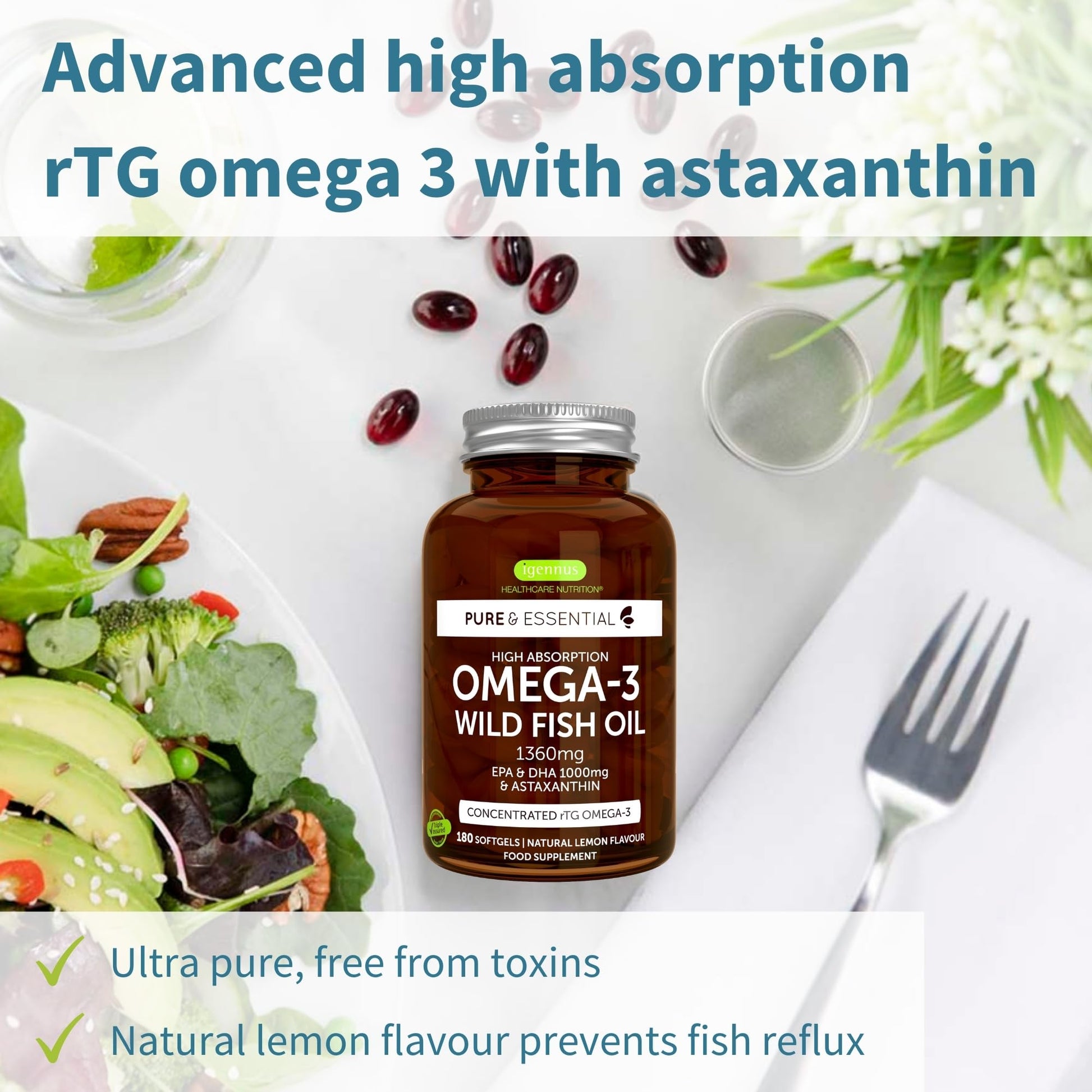 Omega-3 Wild Fish Oil & Astaxanthin, The Most Advanced High Absorption rTG Omega-3 Igennus Healthcare NutritionUS supplements