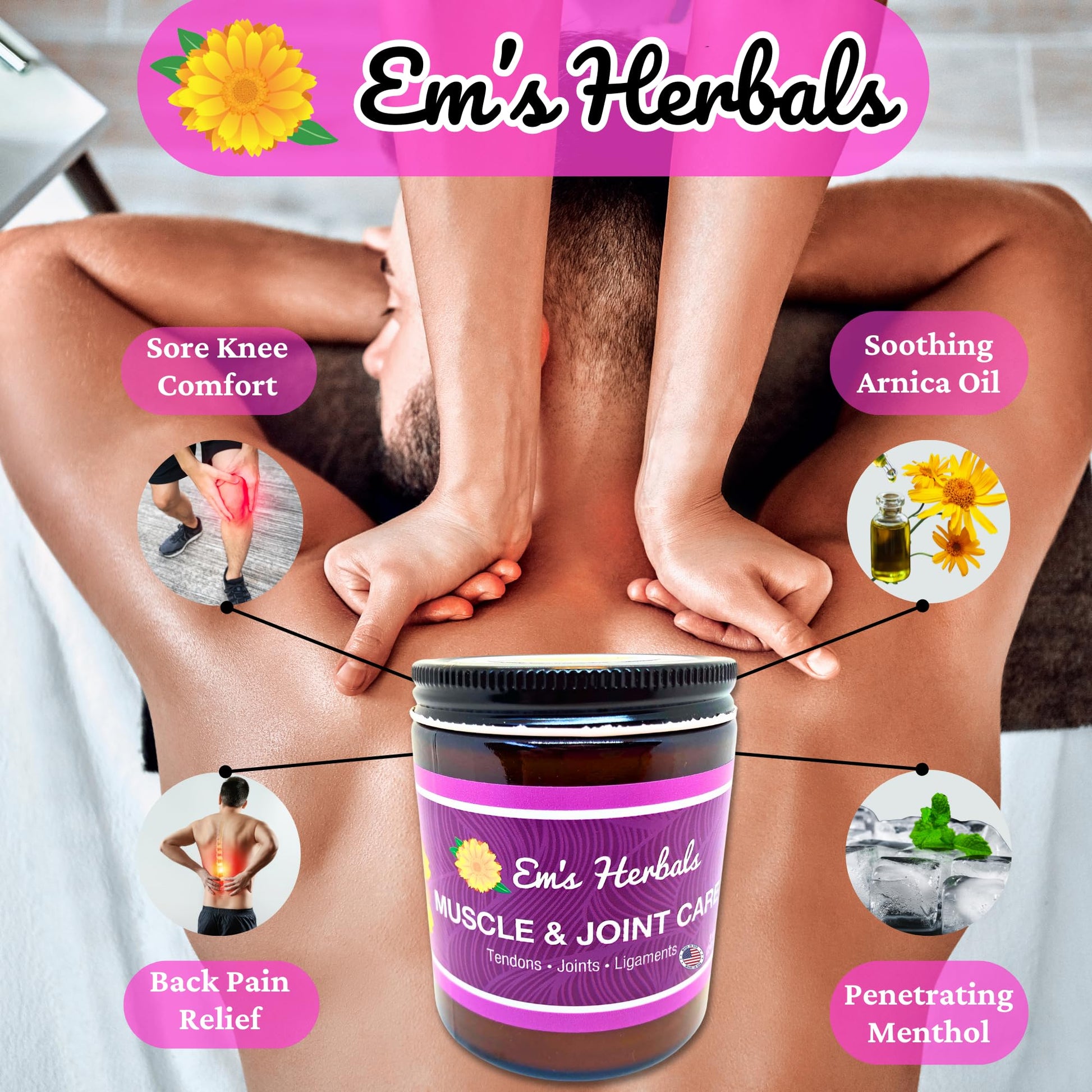 Em's Herbals, Muscle & Joint Care Arnica Salve - Amplified Arnica Salve Made with Menthol Crystals, and Effective Essential Oils to Penetrate Deep into Muscles, Joints, and Back Discomfort (2 oz) Em's HerbalsAu supplements