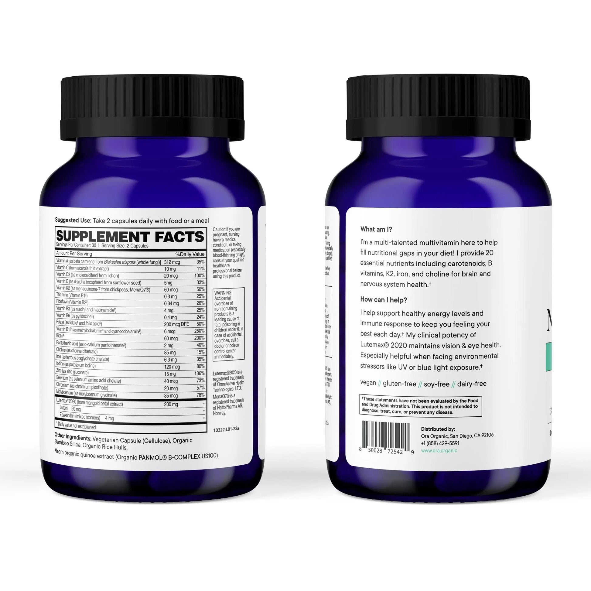 Ora Organic Plant Based Multivitamin for Women and Men, Bluelight Protection - Brain, Eye, Energy, Immune, Skin, Hair, Heart Ora OrganicAu supplements