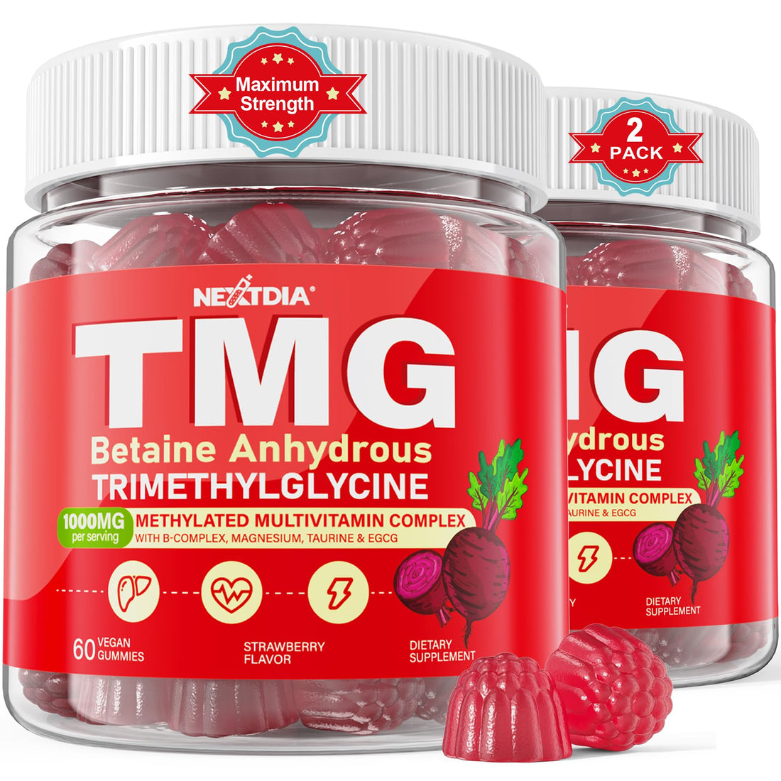 2Pack TMG Gummies 1000mg Betaine Anhydrous + Methylated Multivitamin & B Complex Methylated(Methylfolate B12 B6), Magnesium, Taurine - Essential Trimethylglycine for Homocysteine Levels, Brain, Energy NextdiaAu supplements