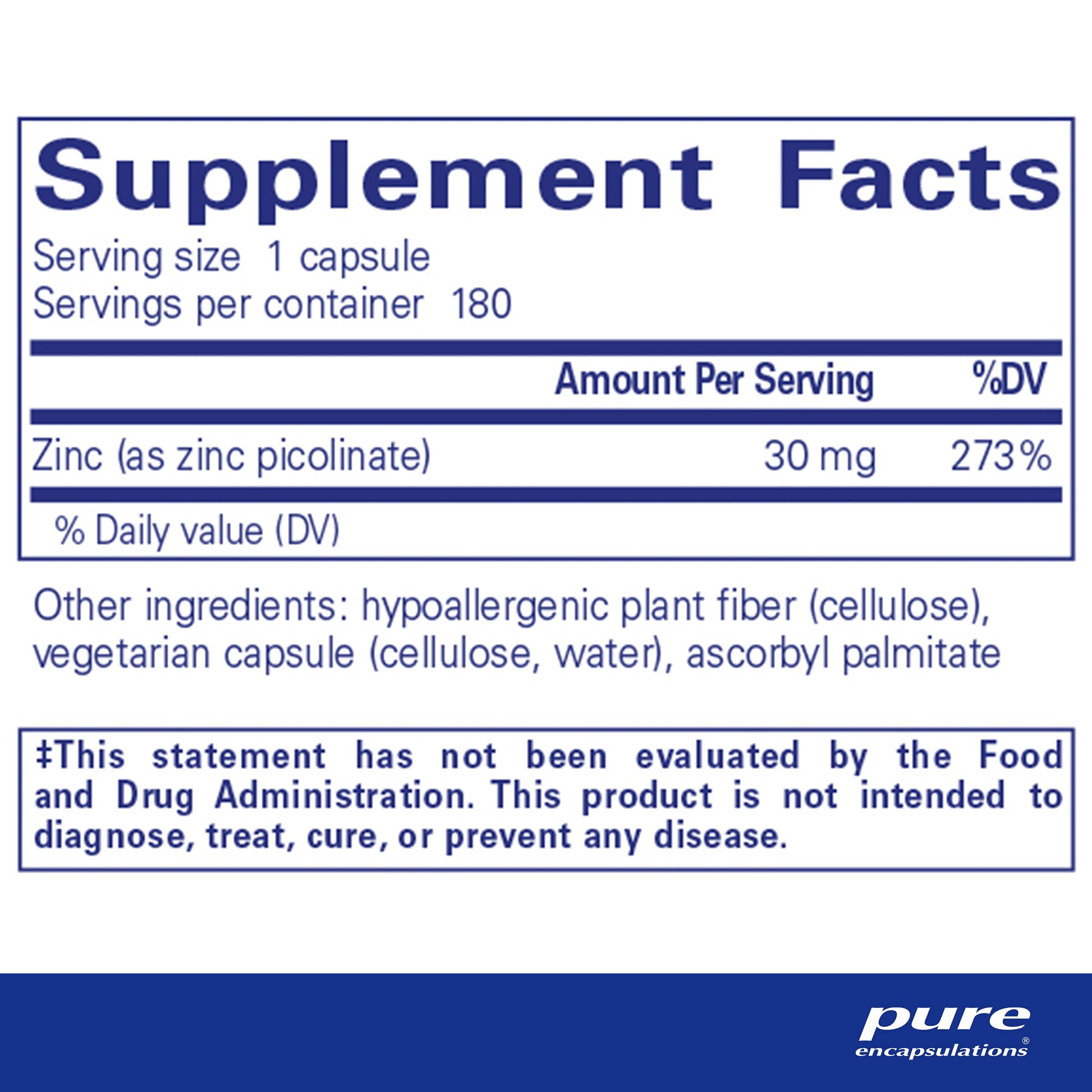 Pure Encapsulations Zinc 30 mg - Highly Absorbable - 180 Capsules Pure EncapsulationsAu supplements