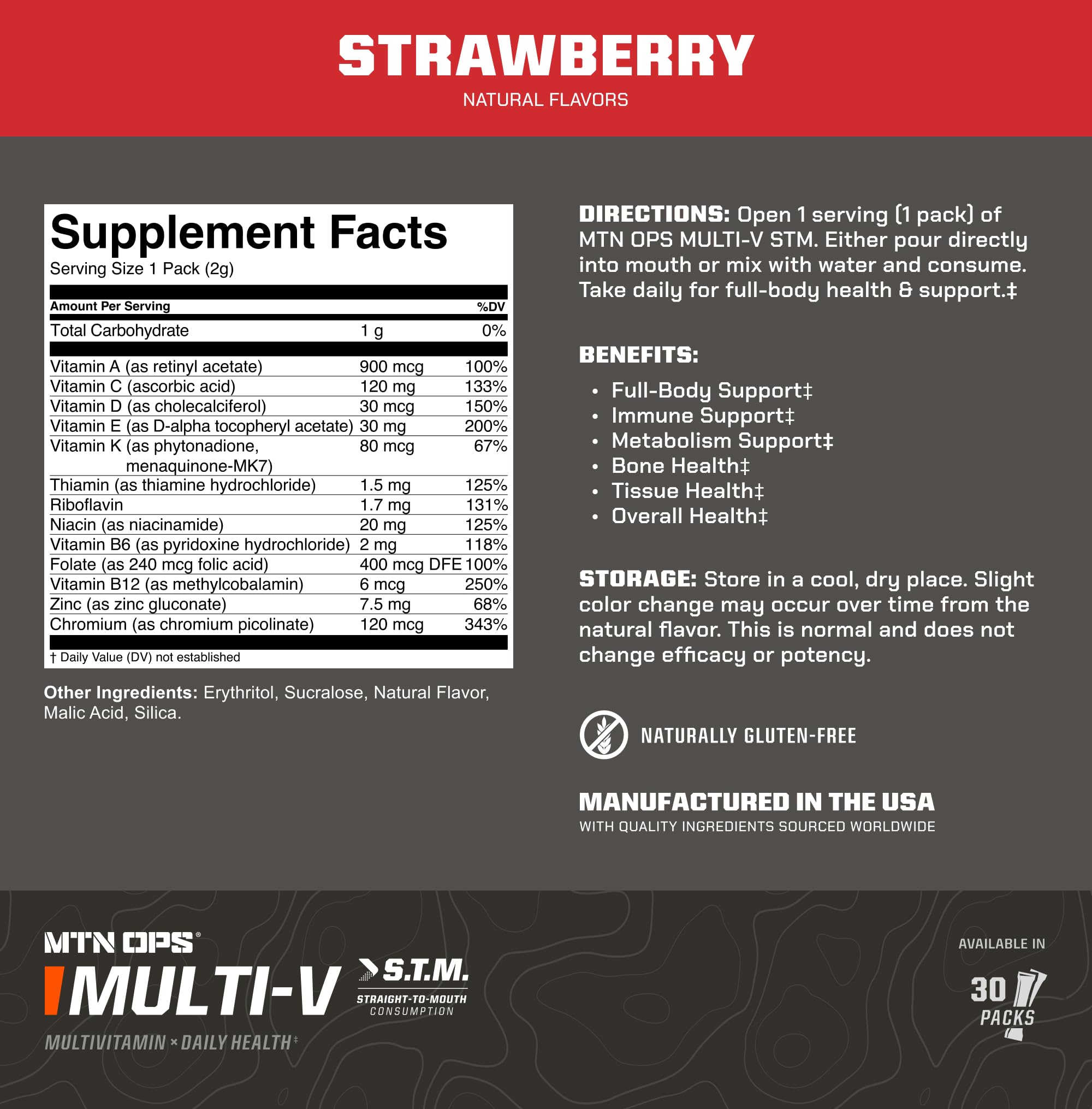 MTN OPS Multi‑V STM On‑the‑Go Daily Multivitamin for Men, Women & Kids – Straight‑to‑Mouth Vitamin C D3 B Zinc Packs – Gluten Free, Natural Flavors, 30 Servings MTN OPSAu supplements