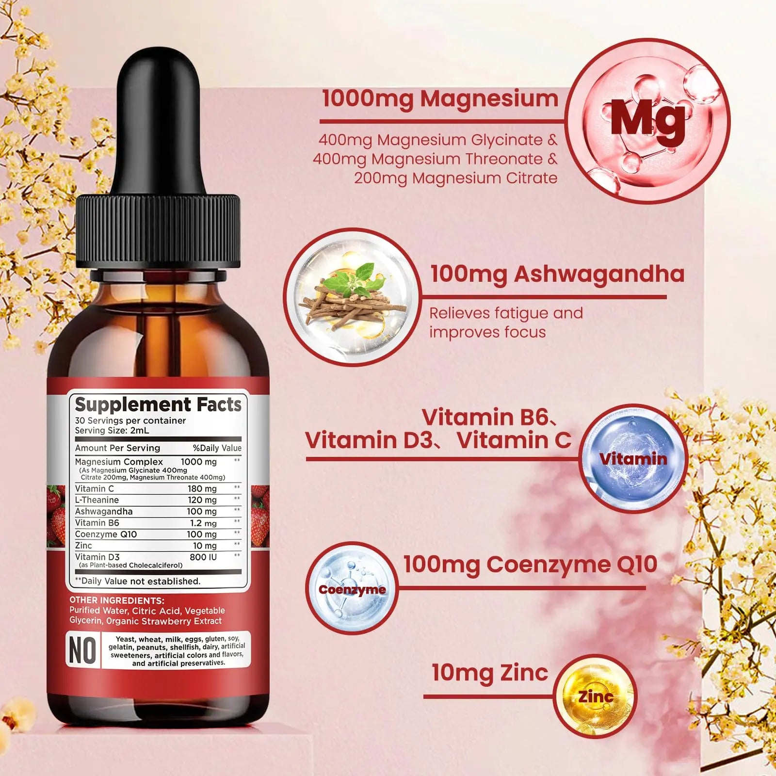 Triple Magnesium Complex Supplement, Magnesium Glycinate, Blend, Citrate Liquid Drops 1000mg with Ashwagandha, CoQ10, Vitamin B6, C, D, Zinc -Support Calm Stress Relief, Bone, Muscle, Mood Vegan dilibnz supplements