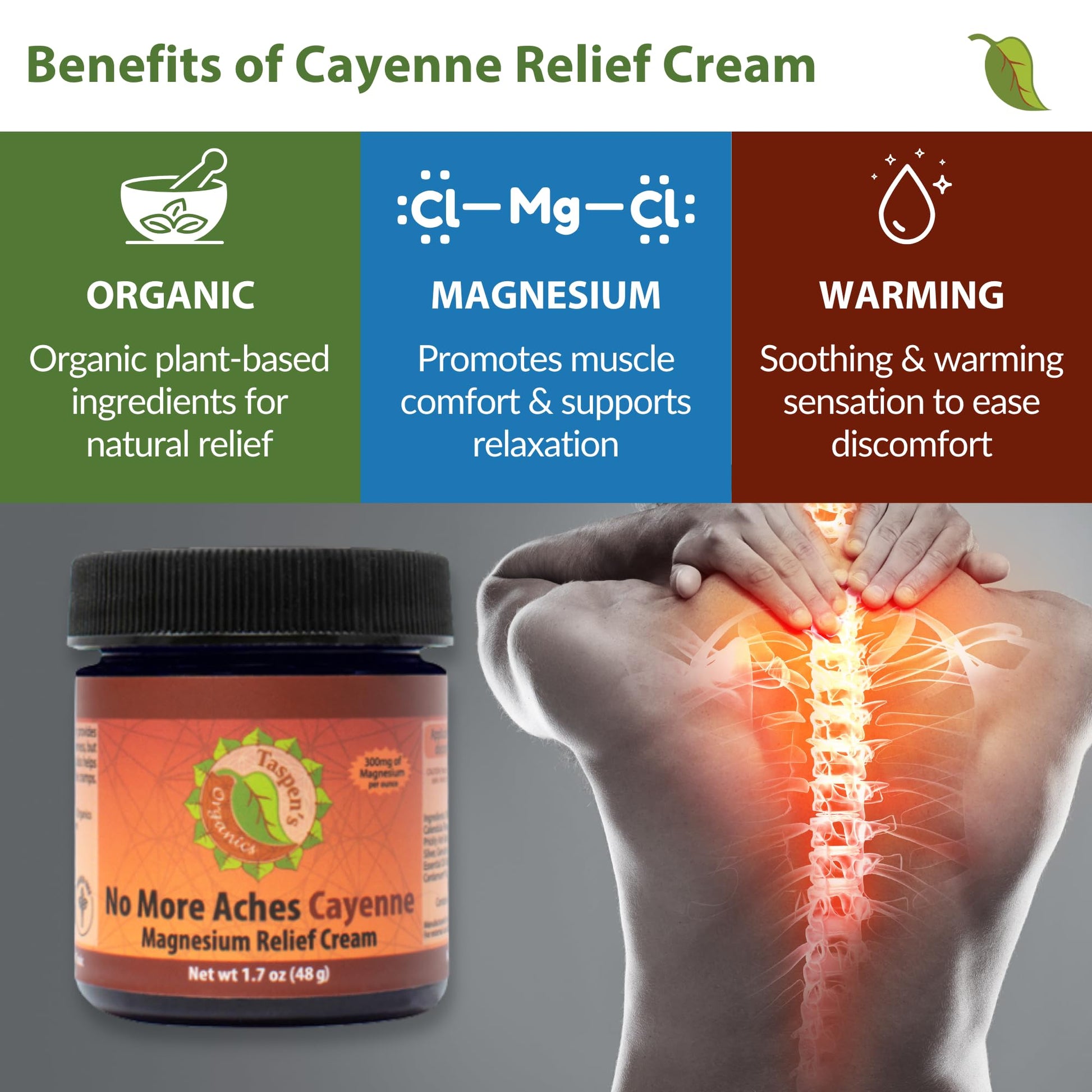 Taspen's Organics Magnesium No More Aches Cayenne Relief Cream – Pain, Tension & Nerve Comfort – Muscle Relief – Warming with Cayenne, Ginger, Arnica & St. John's Wort – Topical Fast Relief (1.7 oz) Taspen's OrganicsAu supplements