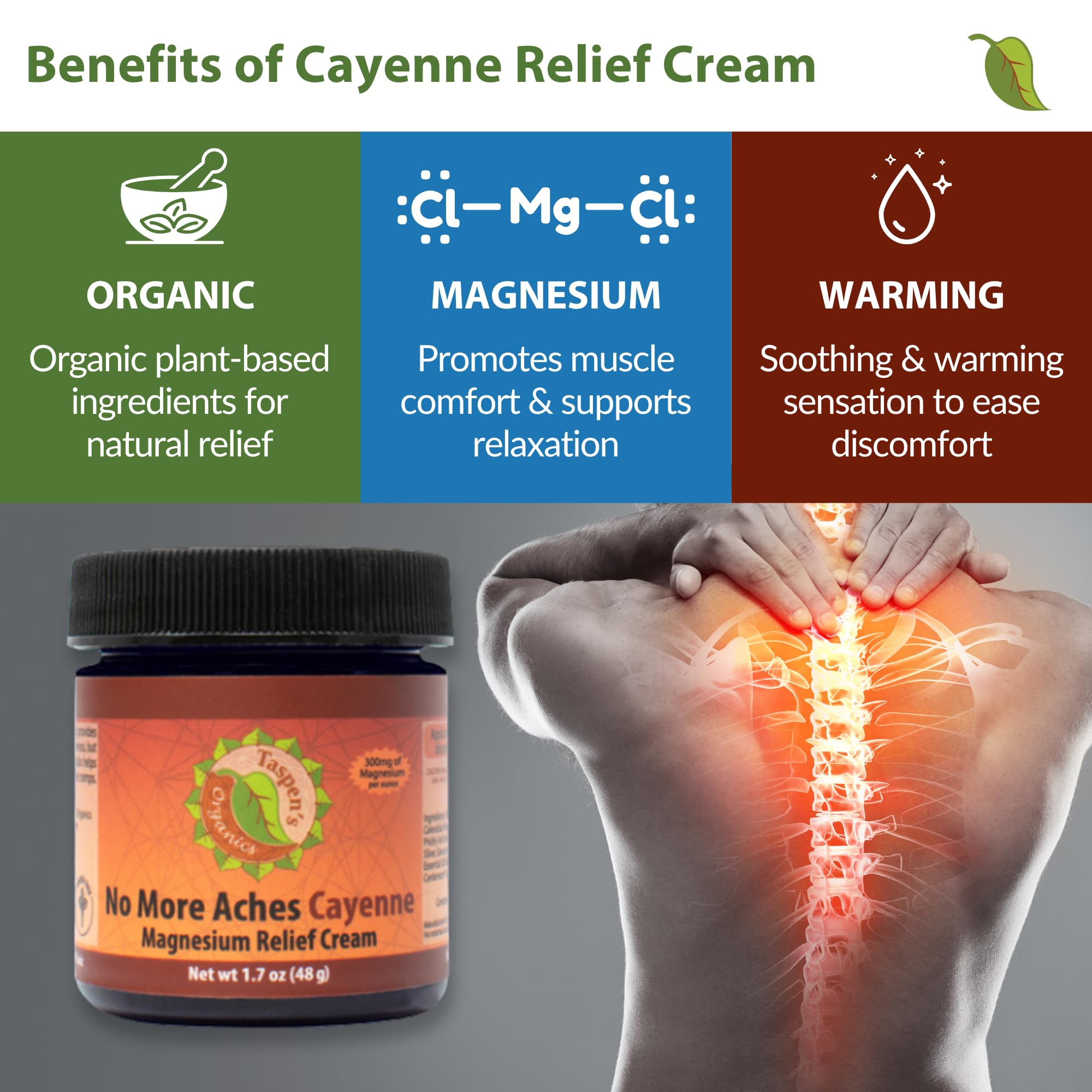Taspen's Organics Magnesium No More Aches Cayenne Relief Cream – Pain, Tension & Nerve Comfort – Muscle Relief – Warming with Cayenne, Ginger, Arnica & St. John's Wort – Topical Fast Relief (1.7 oz) Taspen's OrganicsAu supplements