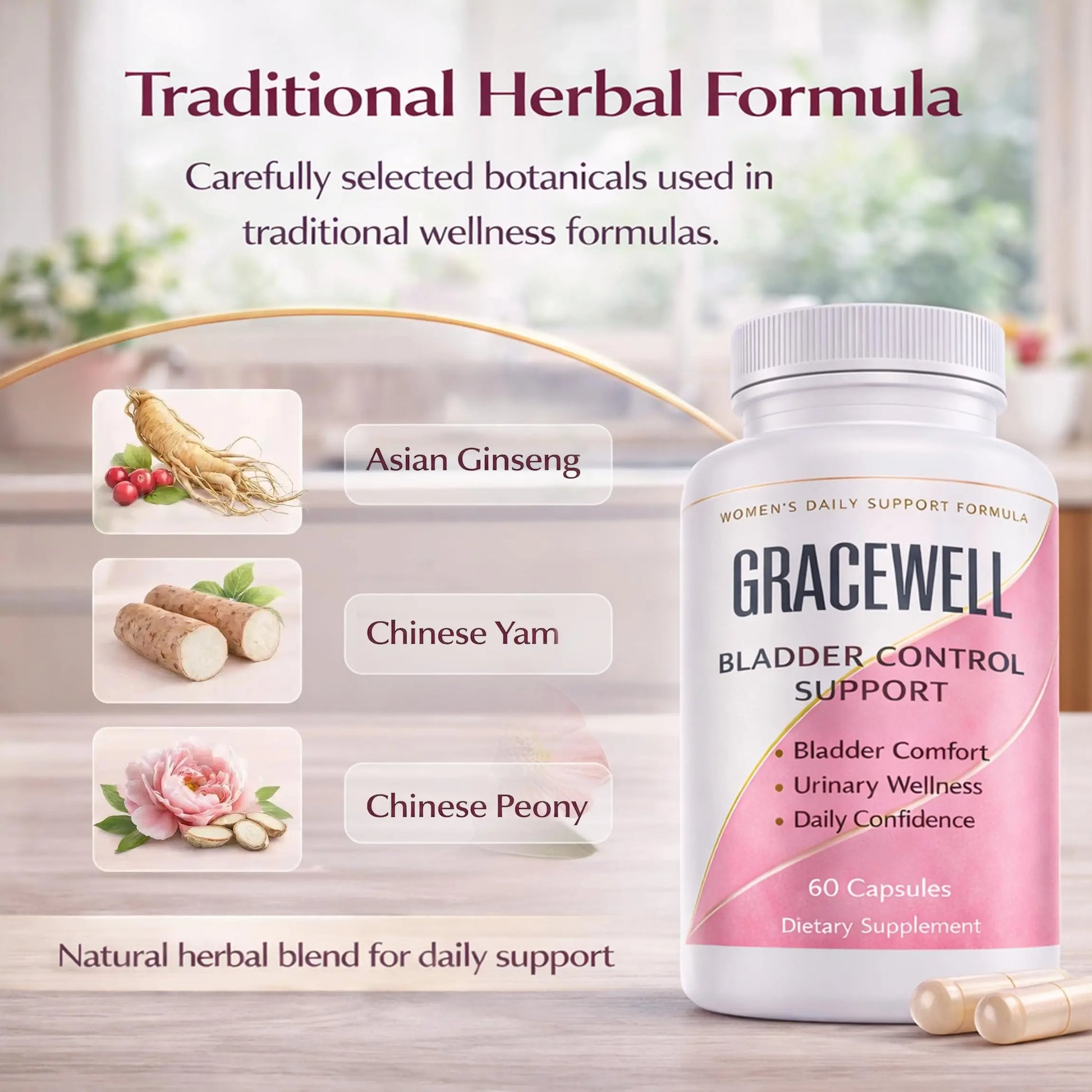 DXWXH Gracewell Bladder Wellness Supplement for Women & Men, Herbal Support with Asian Ginseng, Chinese Yam, Chinese Peony, Urinary Tract Health Formula, 60 Capsules (1) DXWXHnz supplements