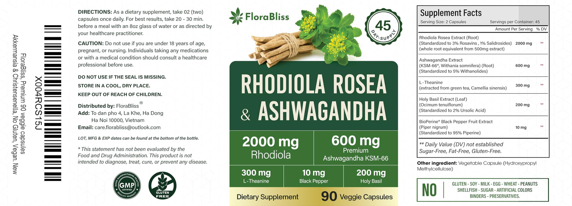 FloraBliss Rhodiola Rosea with Ashwagandha KSM-66, L-Theanine, Holy Basil & Black Pepper - 90 High Potency Vegan Capsules - 45-Day Supply FloraBlissAu supplements