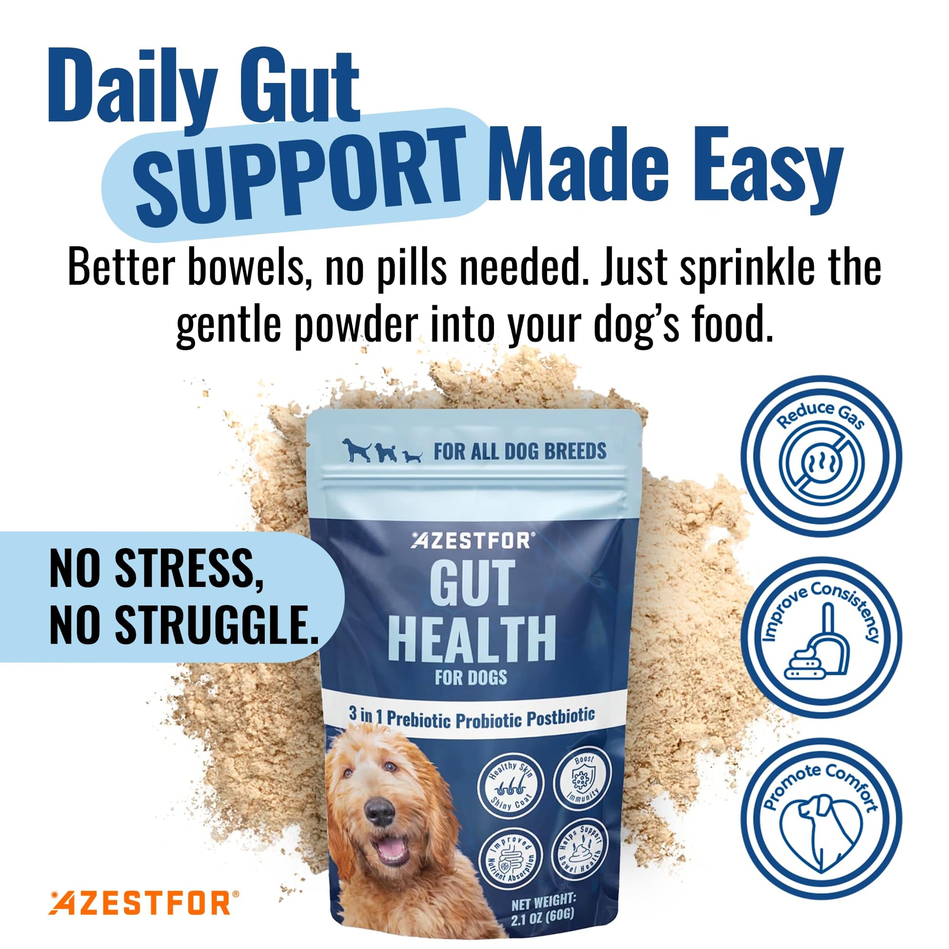 Azestfor Gut Health Supplement for Dogs – 3 in 1 Probiotic, Prebiotic & Postbiotic Blend – Supports Digestion, Immunity & Skin – Easy-to-Use Powder – for All Breeds & Sizes – 60g (30 Servings) AzestforAu supplements