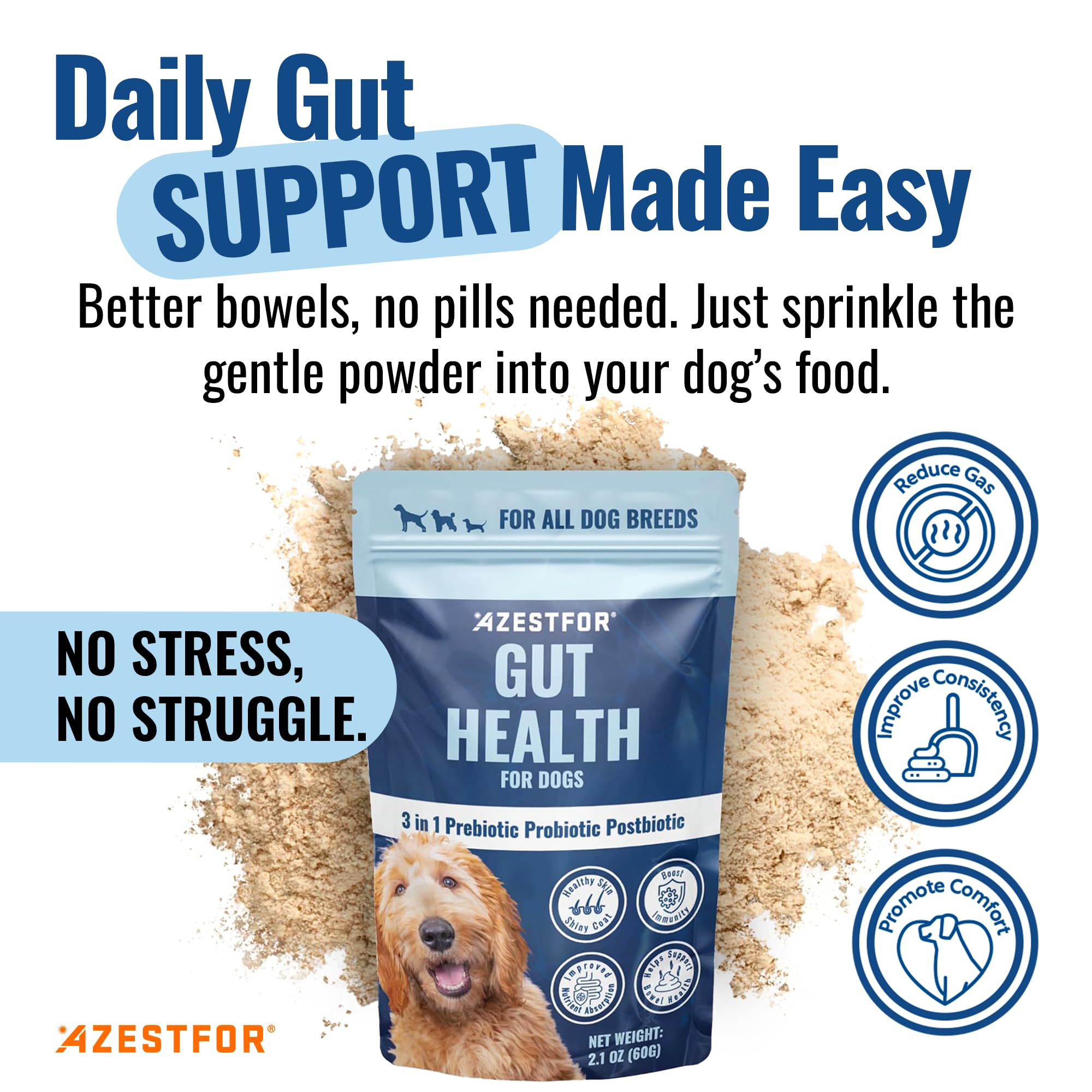 Azestfor Gut Health Supplement for Dogs – 3 in 1 Probiotic, Prebiotic & Postbiotic Blend – Supports Digestion, Immunity & Skin – Easy-to-Use Powder – for All Breeds & Sizes – 60g (30 Servings) AzestforAu supplements