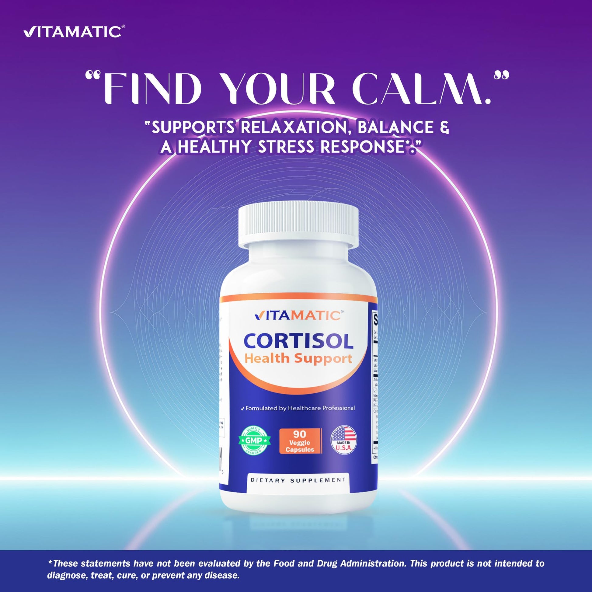Vitamatic Cortisol Health Support - 90 Veggie Capsules - Made with Adaptogenic Blend with Ashwagandha, Rhodiola, Magnolia, L-Theanine, Phosphatidylserine VitamaticAu supplements