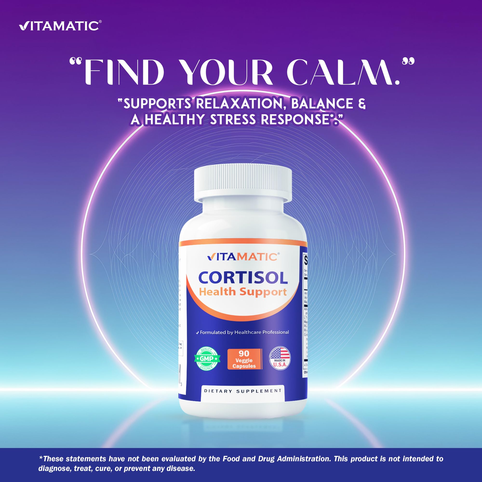 Vitamatic Cortisol Health Support - 90 Veggie Capsules - Made with Adaptogenic Blend with Ashwagandha, Rhodiola, Magnolia, L-Theanine, Phosphatidylserine VitamaticAu supplements