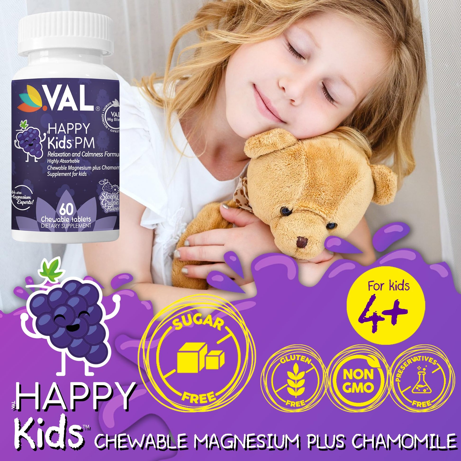 VAL Kids PM Magnesium Gummies | Sugar-Free Chewable Tablets with Chamomile, Magnesium Glycinate + Citrate + Taurate | Vitamin B6 & C | Natural Grape Flavor | Sleep & Calm Support | 60 Ct | Ages 4+ VALAu supplements