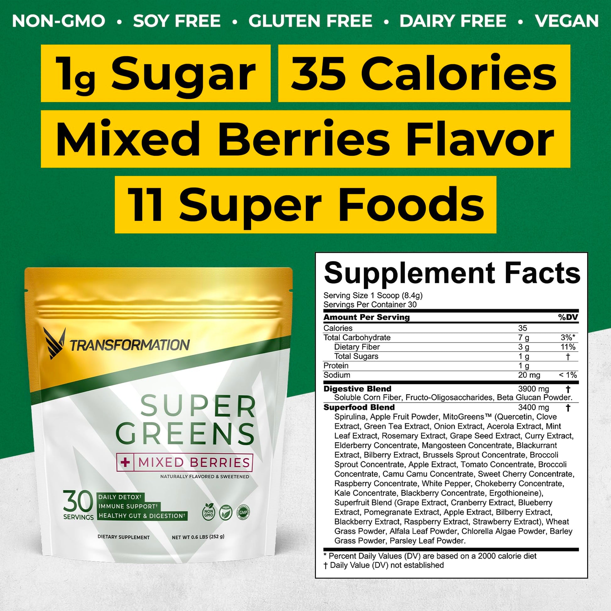 Transformation Super Greens Superfood Green Juice Powder - Immune & Energy Support | Natural Ingredients | Detoxifying & Alkalizing Minerals - Spirulina, Chlorella, Wheatgrass, Spinach, Alfalfa SPR BODYAu supplements