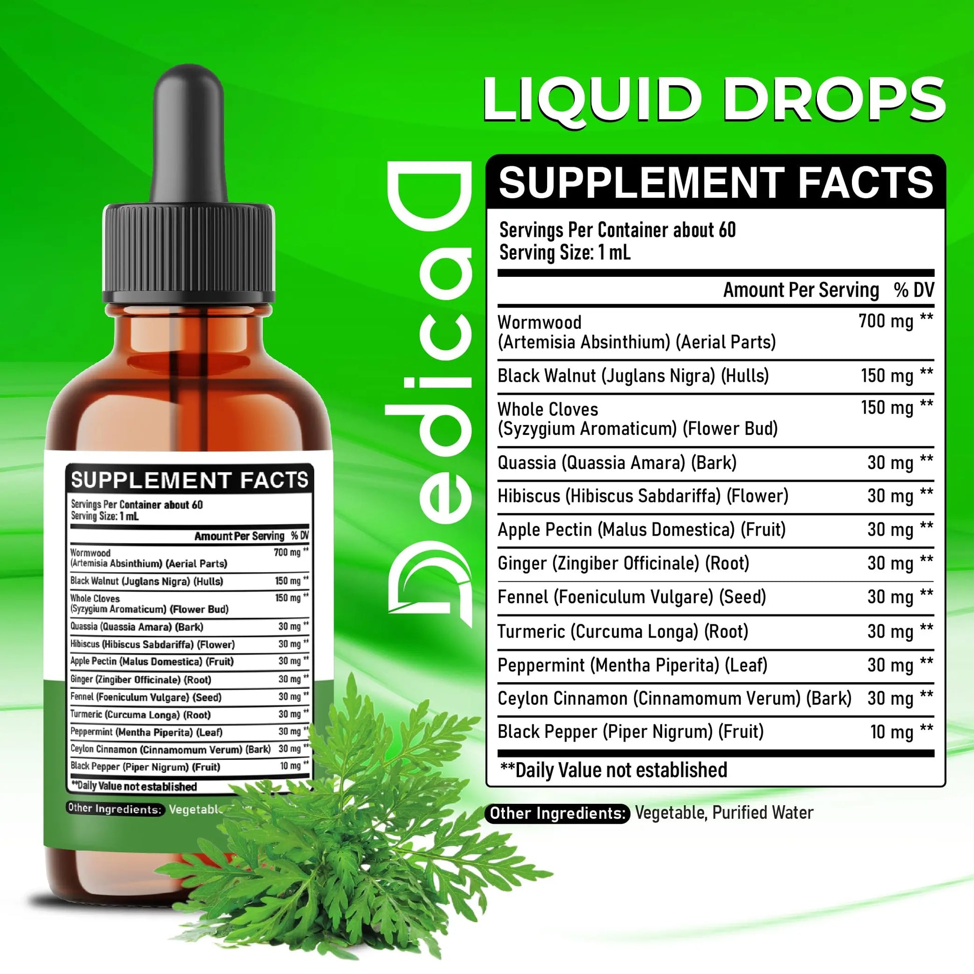 DEDICAD 12in1 Wormwood Liquid Drops - Black Walnut Wormwood Tincture Liquid Extract Whole Cloves and 9 More Herbs - 60 Days Supply DEDICADnz supplements