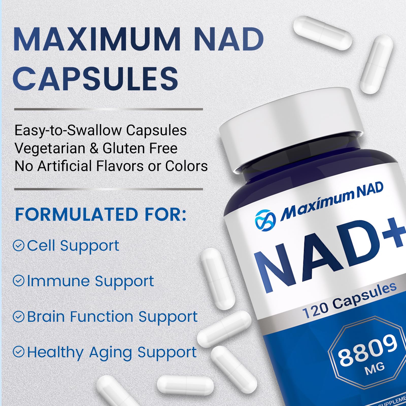 NAD+ Supplement 8,809mg with Liposomal NAD and Resveratrol for Women & Men - 120 Capsules to Support Cellular Health, Boost Stamina & Healthy Aging, Vegan & Gluten-Free Maximum NADAu supplements