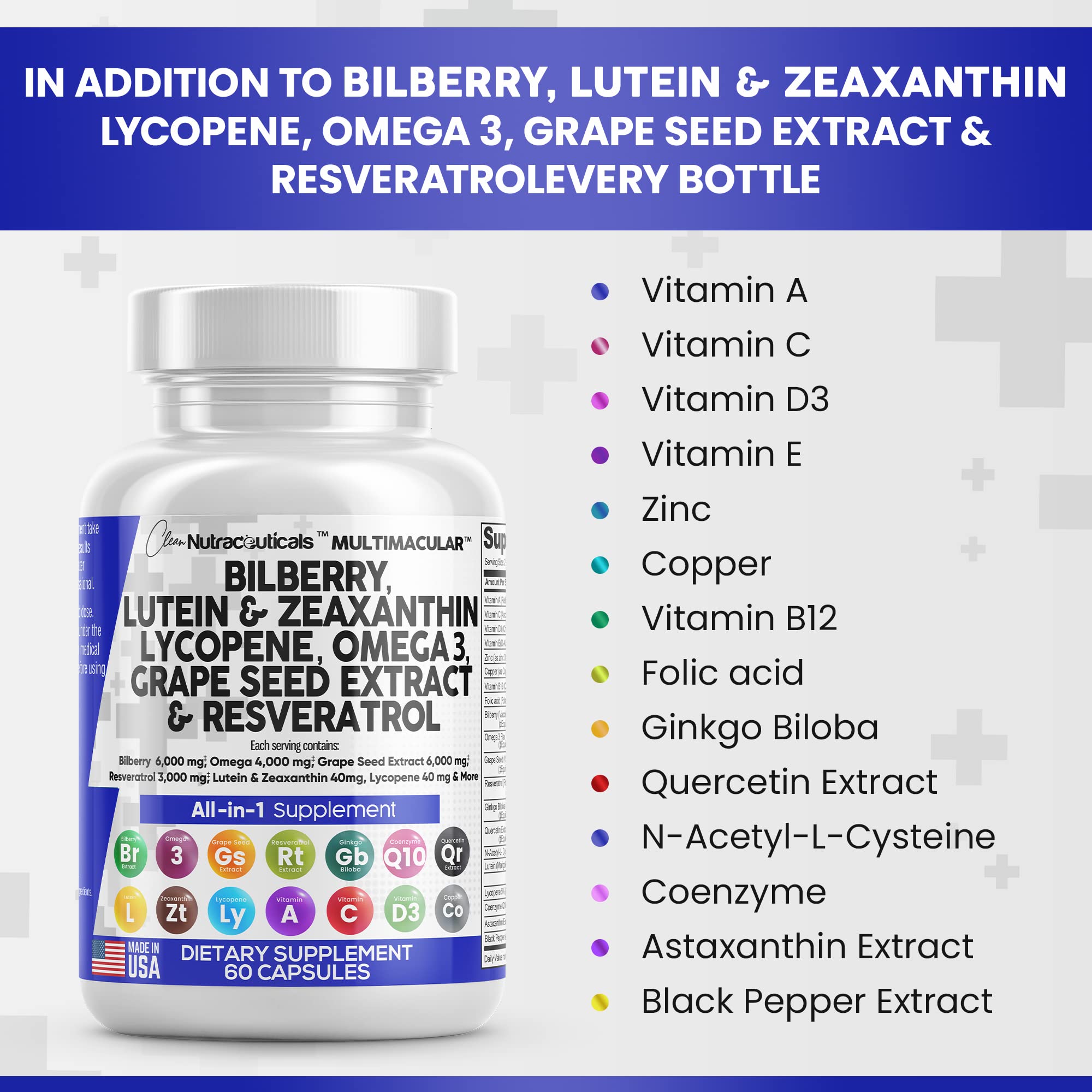 Eye Health Vitamins with Bilberry 6000mg Lutein & Zeaxanthin 40mg Lyco Clean NutraceuticalsUS supplements