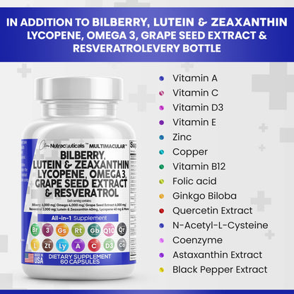 Eye Health Vitamins with Bilberry 6000mg Lutein & Zeaxanthin 40mg Lyco Clean NutraceuticalsUS supplements