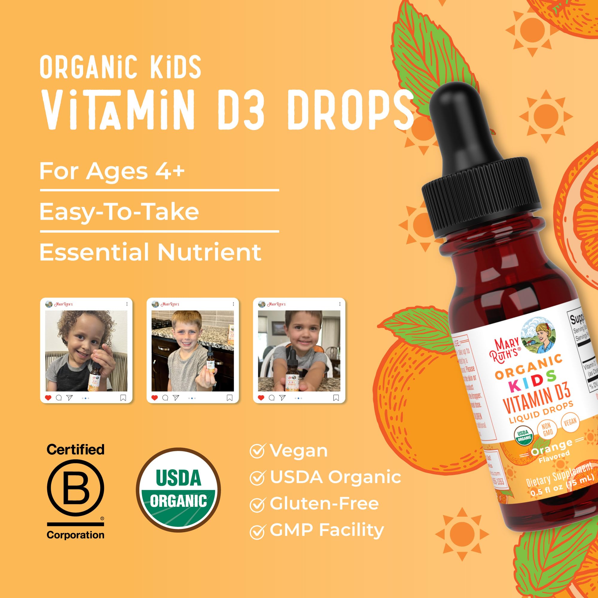 MaryRuth Organics USDA Organic Vitamin D3 Liquid Drops for Kids | 640 IU Vitamin D3 Per Serving | Kids Immune Support & Bone Health Supplement | Formulated for Ages 4-13 | 0.5oz | 30 Servings MARYRUTH'SUS supplements