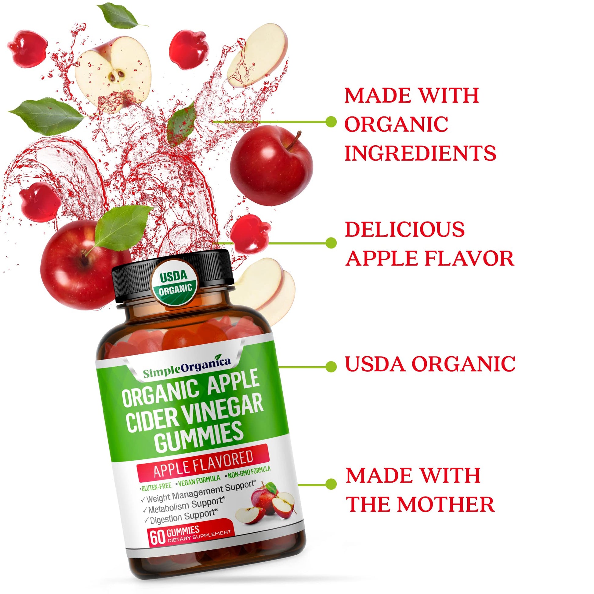 USDA Organic Apple Cider Vinegar Gummies with The Mother. AVC Keto Gummy Vitamins Simple OrganicaAu supplements