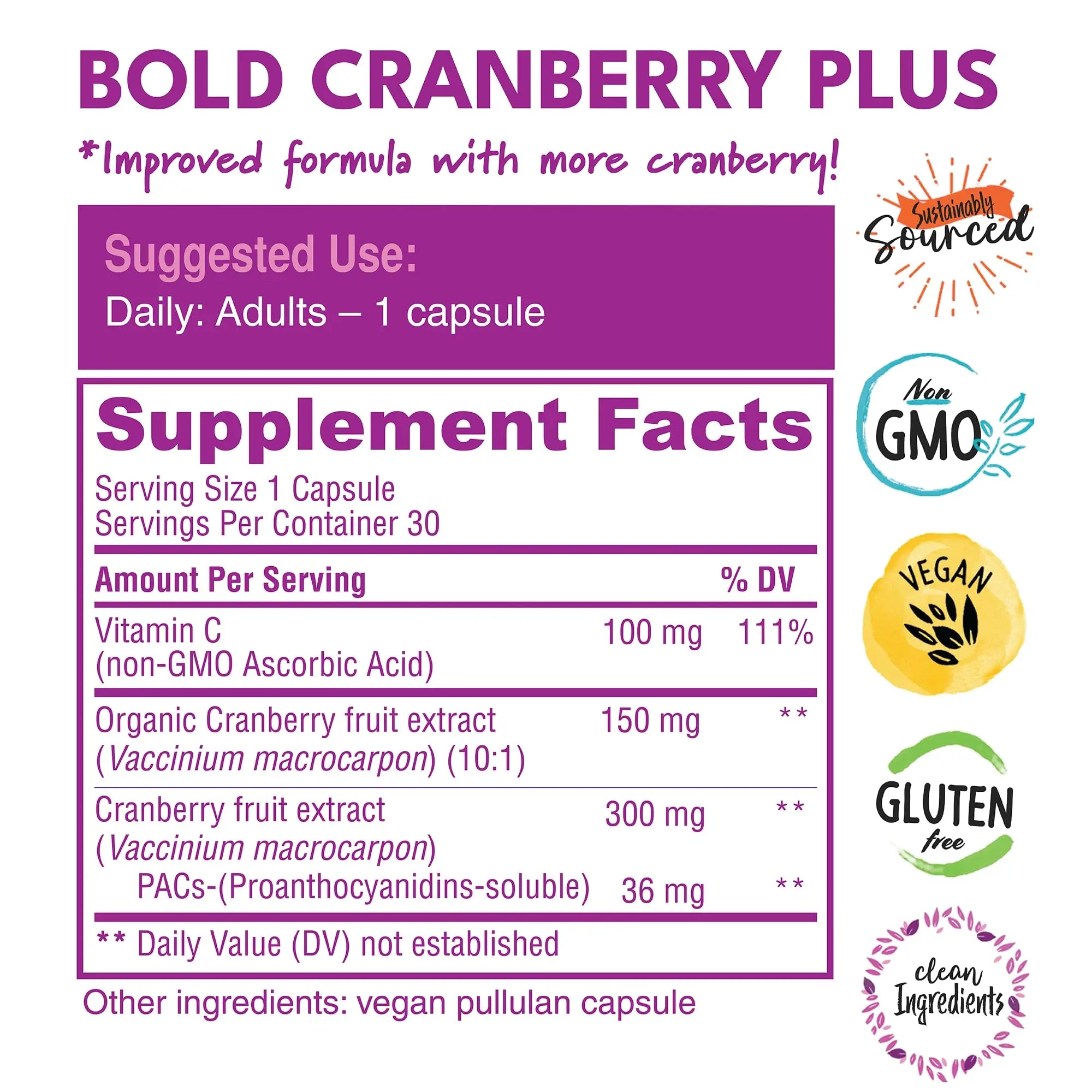 Bold Cranberry Plus Capsules - 100% Soluble 36mg PACs - Cranberry Pills for Women & Men with Urinary Tract Support, Non-GMO Vitamin C — 30 Vegan Capsules, 1 Month Supply Bold BotanicaAu supplements