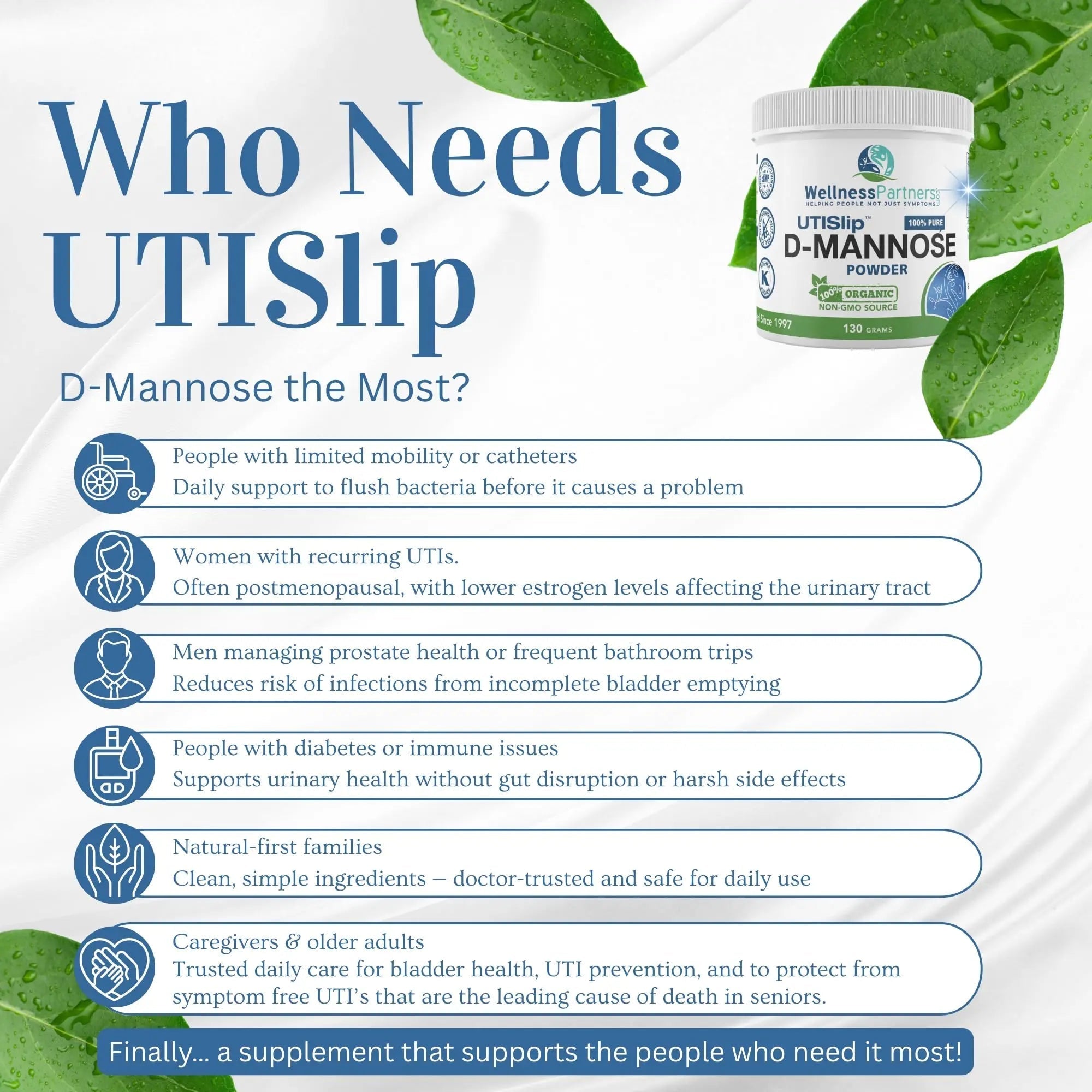 Now New UTI-Slip D Mannose Non GMO Organic Source Powder 130g jar. WellnessPartnersAu supplements