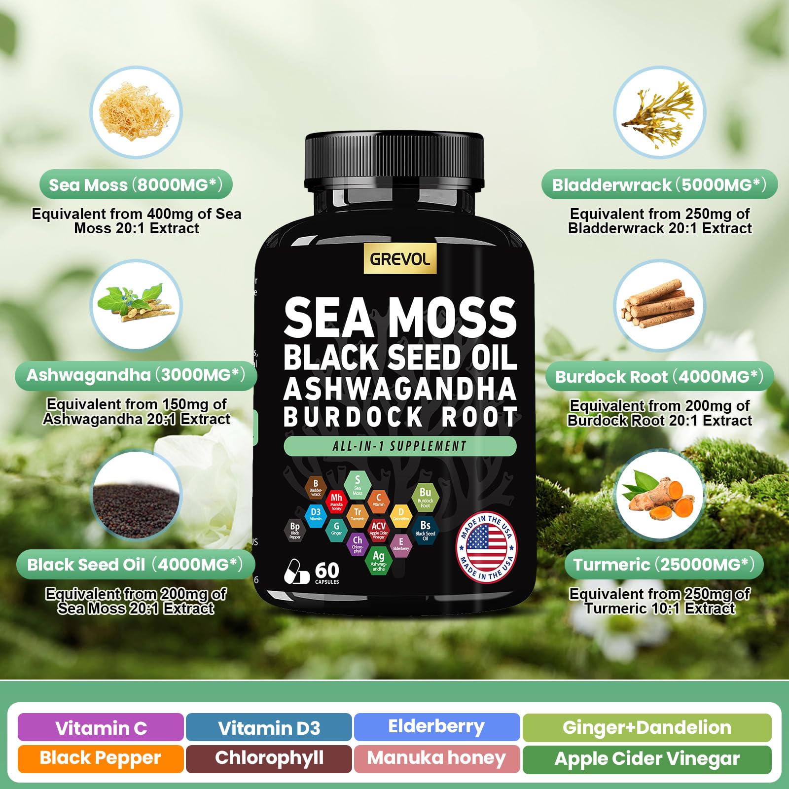 Sea Moss Black Seed Oil Ashwagandha Bladderwrack Burdock Root Turmeric & Vitamin C D3 Elderberry ACV Black Pepper - Multimineral Supplement - 60 Count GrevolAu supplements