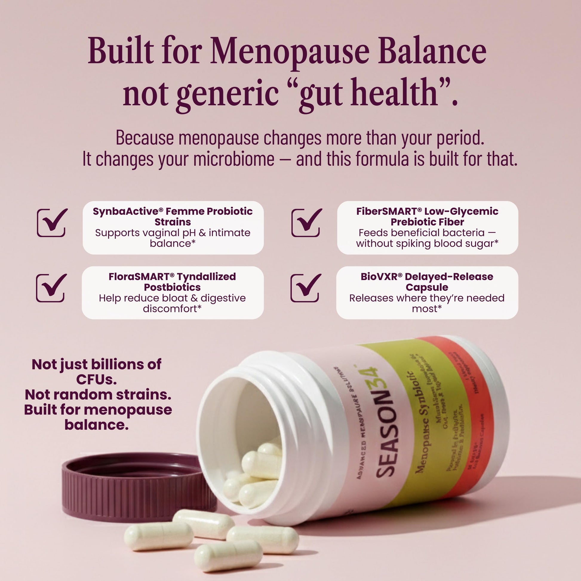 SEASON34 3-in-1 Menopause Probiotic for Women 40+ | Vaginal Care, pH, Odor & Intimate Comfort + Skin, Gut & Bloat Support | with Prebiotic Fiber & Postbiotics | 30 Capsules, 1 Month Supply SEASON34Au supplements