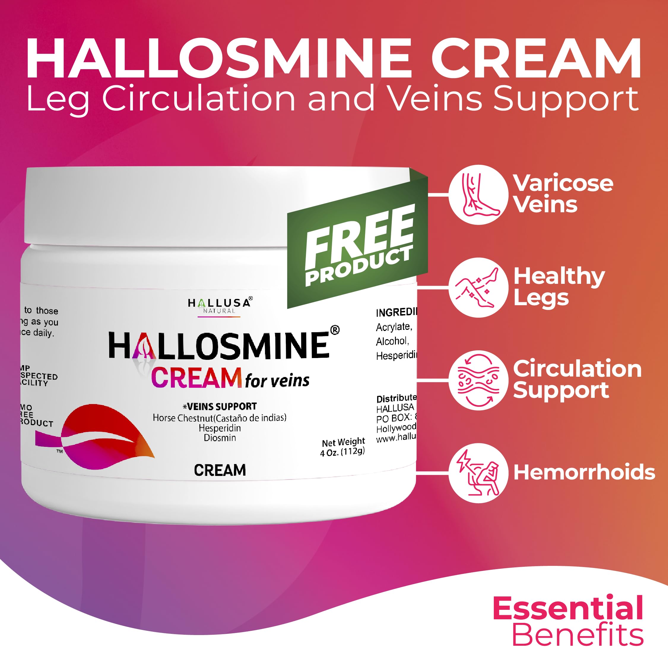 Hallosmine Ultra 650mg Diosmin Hesperidin, 60 Capsules + FREE Leg Cream with Diosmin, Hesperidin & Horse Chestnut, 4 oz | Blood Circulation & Vein Support Supplement, GMO Free, Gluten Free Hallusa NaturalAu supplements