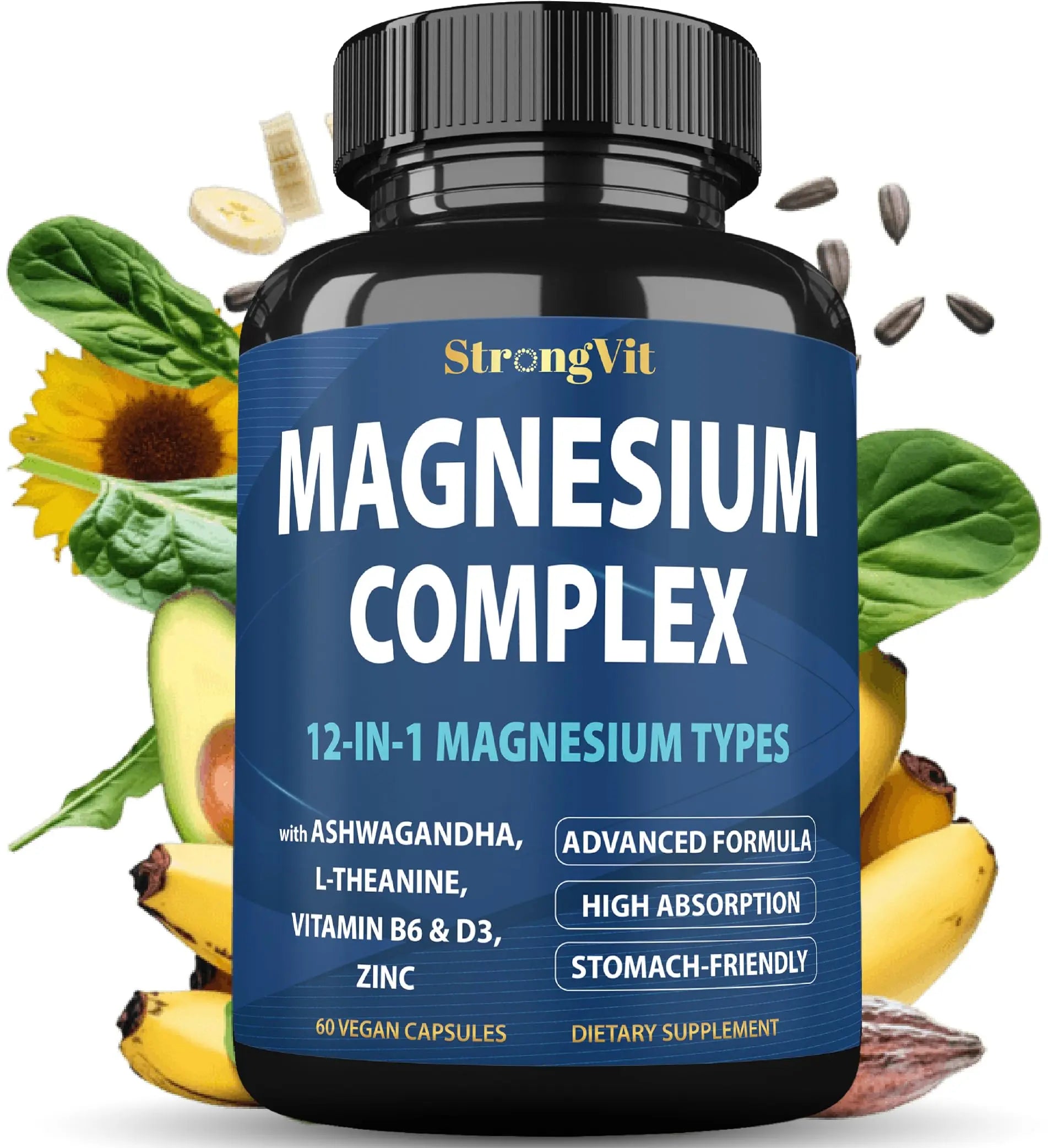 1000mg Magnesium Complex for Women and Men, 12 in 1 Magnesium Supplement with Ashwagandha, Zinc, D3, L-theanine. Easy to Swallow, High Absorption, Sleep Support & Stress Relief (60 Capsules) StrongVitAu supplements
