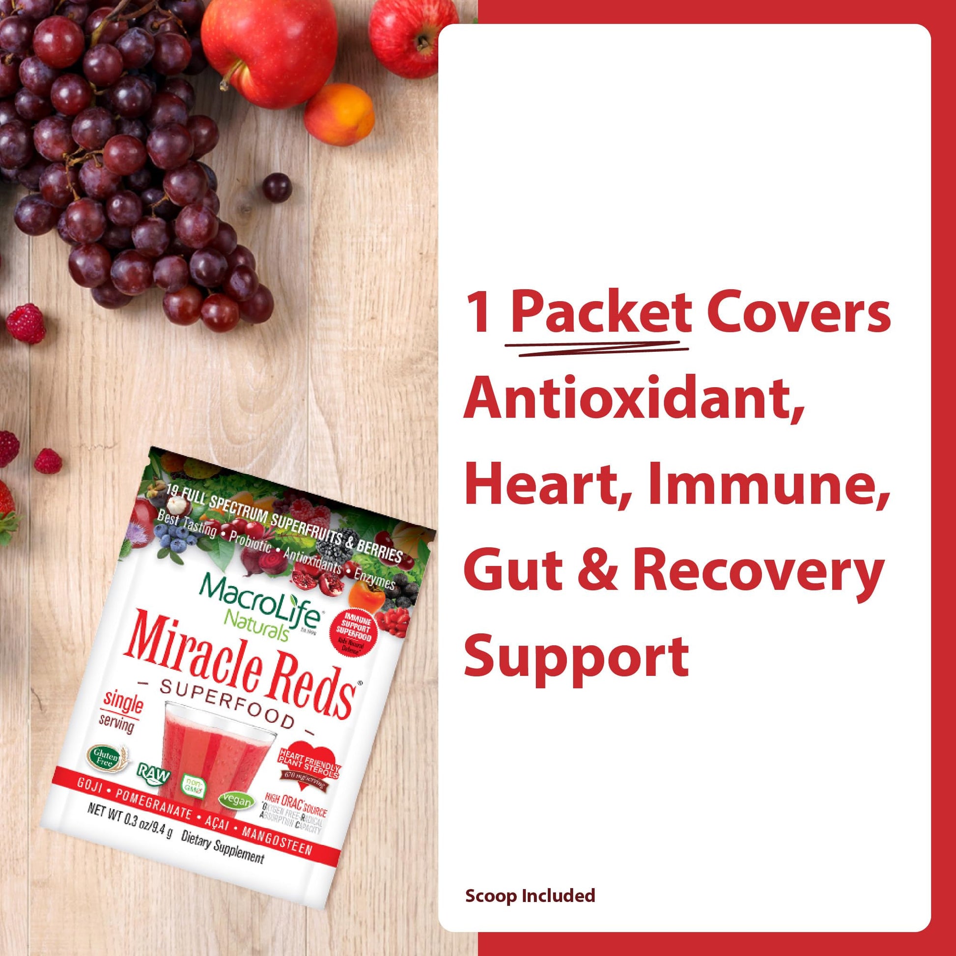 MacroLife Naturals Miracle Reds Superfood Powder 19 Blended Fruit & Berry Polyphenols Enzymes Probiotics & Antioxidants Supplement - Raw Non-GMO & Vegan Whole Food Vitamins - 12 Packet Servings MacroLife NaturalsAu supplements
