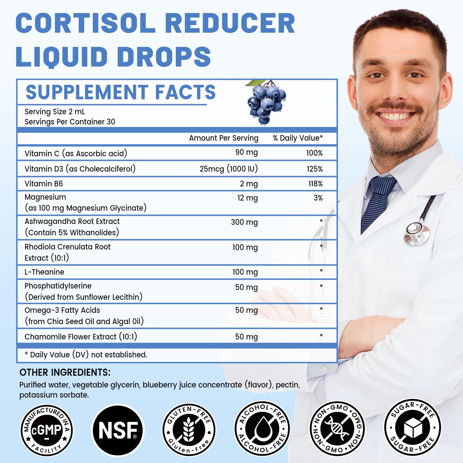 vivcmin 10 in 1 Cortisol Supplements for Women & Men, Cortisol Reducer with Ashwagandha, Magnesium, L-Theanine, Hormone Balance Drops - Sleep & Mood Support, 2 Fl Oz, Blueberry Flavor vivcminAu supplements