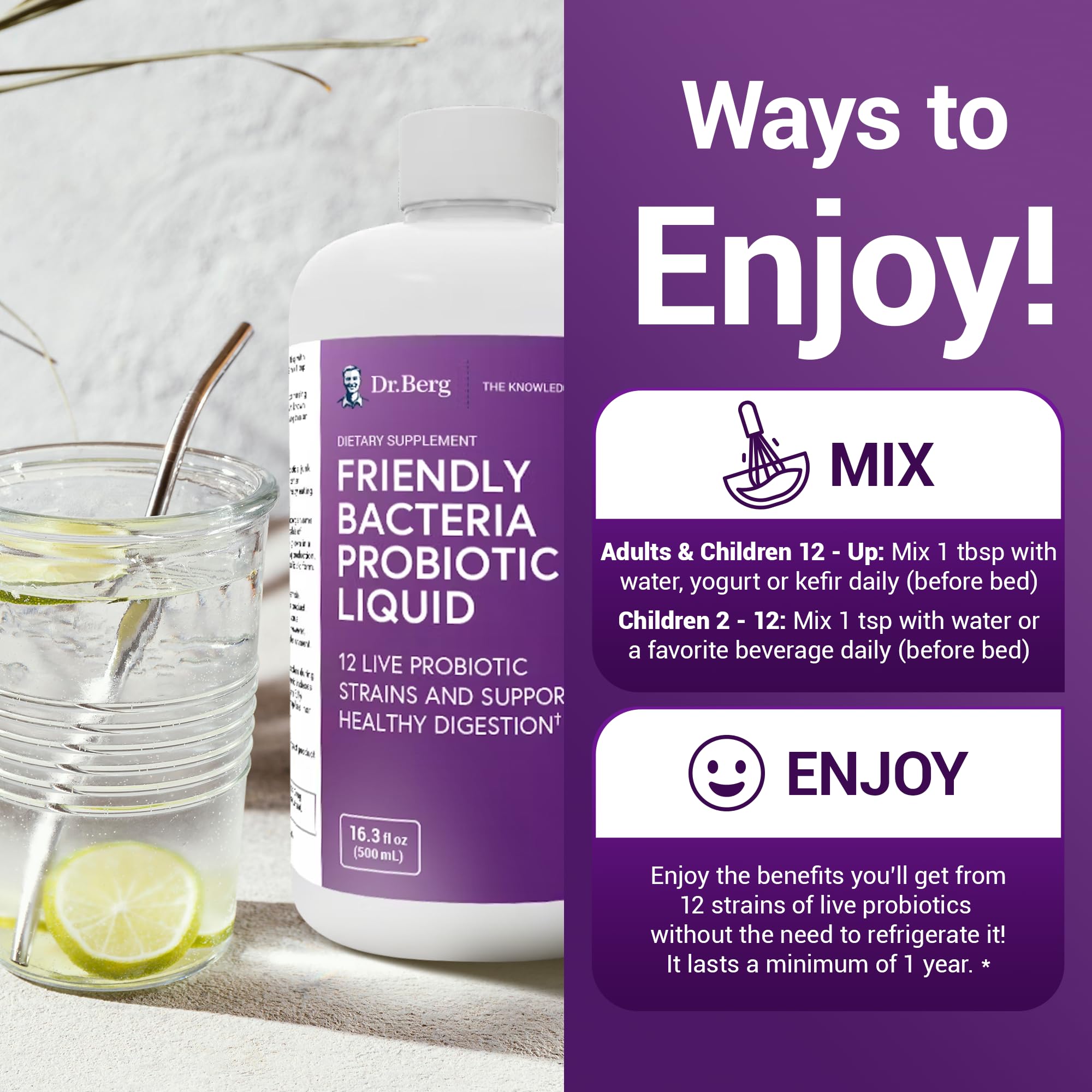 Dr. Berg's Friendly Probiotic Liquid Supplement Drink Mix w/ 12 Live Probiotics Strains Dr. Berg NutritionalsUS supplements