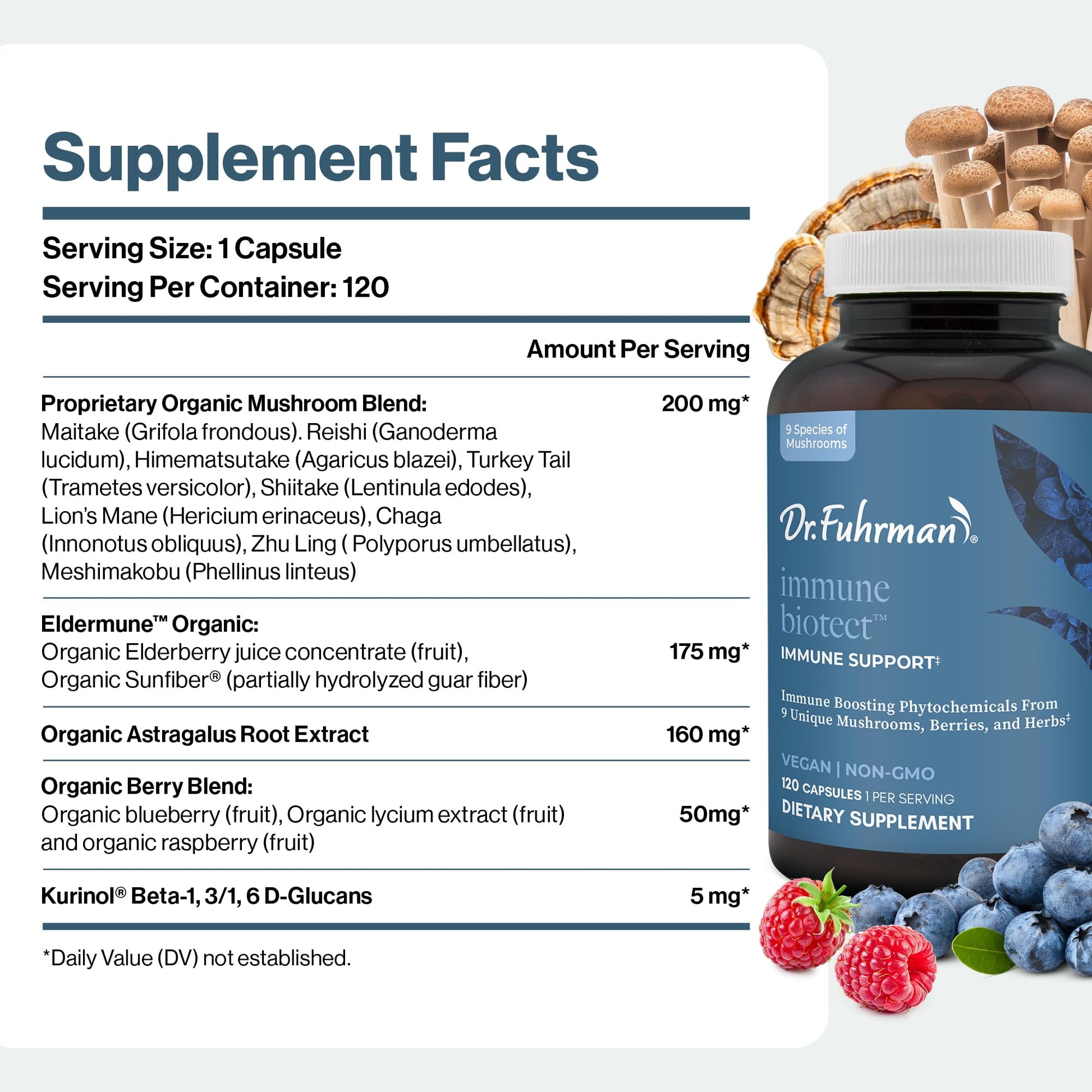 Dr. Fuhrman All Natural Immune Support Supplement | Whole-Food Derived Vitamin for Immunity Defense | Organic Mushrooms, & Berries | Organic Lion’s Mane, Maitake, Reishi, and Elderberry | 120 Caps Dr. FuhrmanAu supplements