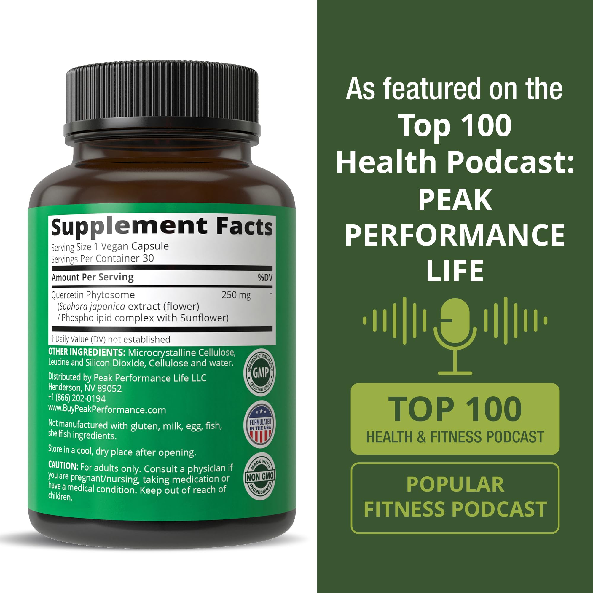 Peak Performance Ultra Pure Quercetin Phytosome Vegan Capsules - Rich Sophora Japonica Extract for Max Absorption Now. Quercetin 250mg Supplement Capsules. Made in USA Peak PerformanceAu supplements