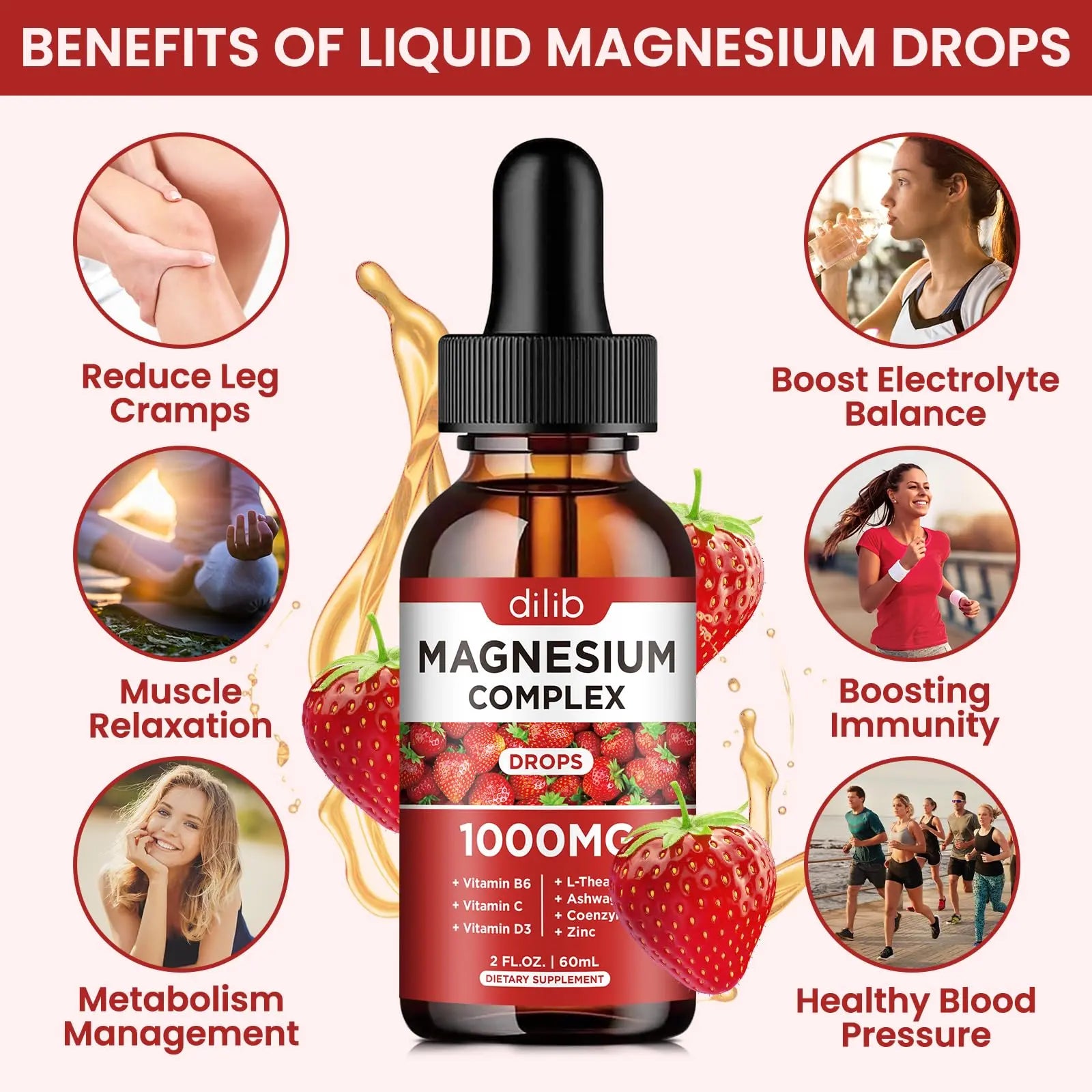 Triple Magnesium Complex Supplement, Magnesium Glycinate, Blend, Citrate Liquid Drops 1000mg with Ashwagandha, CoQ10, Vitamin B6, C, D, Zinc -Support Calm Stress Relief, Bone, Muscle, Mood Vegan dilibnz supplements