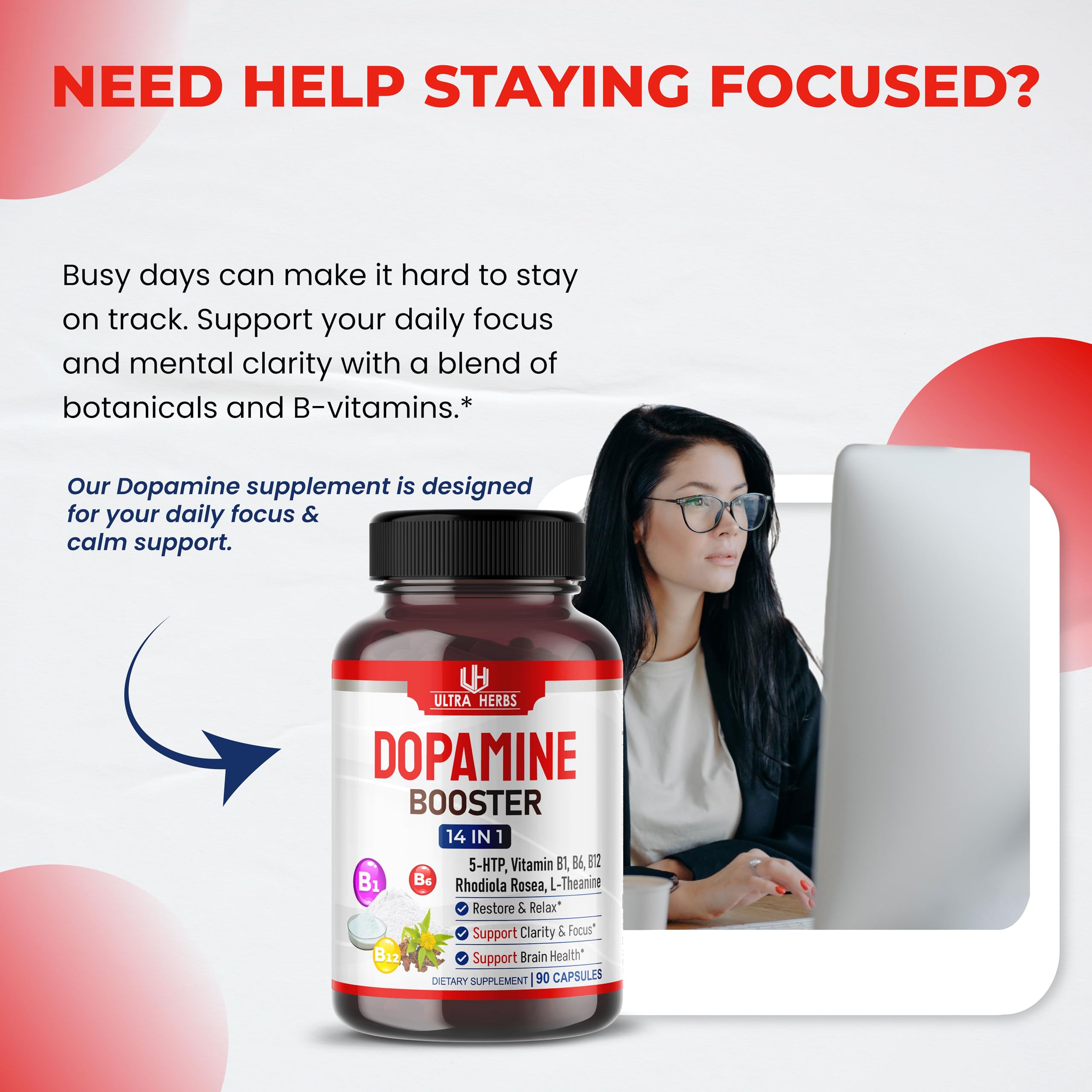 Dopamine Focus Supplement Ashwagandha 5-HTP Rhodiola Rosea St. John's Wort - Increase Memory Clarity Focus Restore Relax with VIT B1, B6, B12, L-Theanine ULTRA HERBSAu supplements