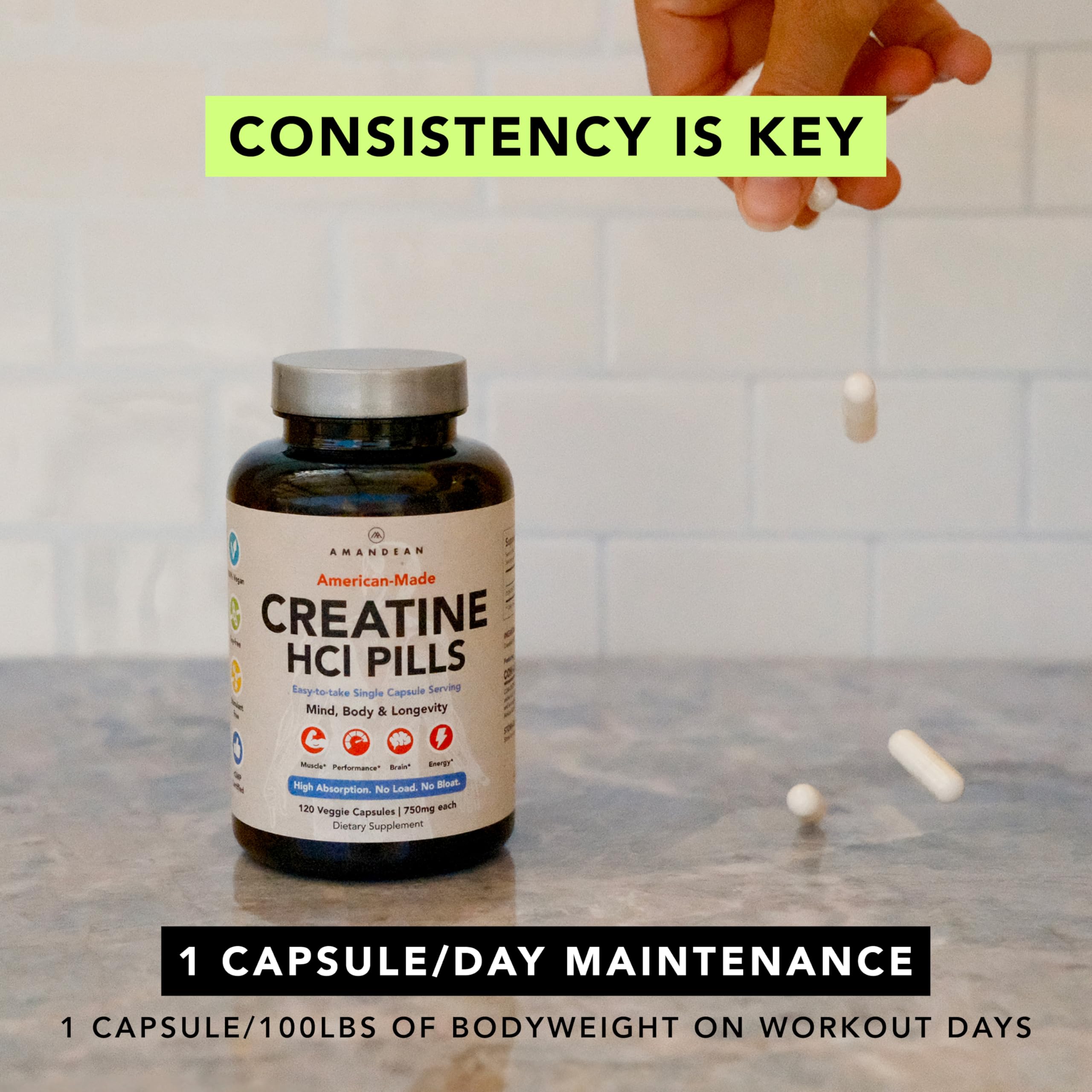 AMANDEAN Creatine HCl Pills. American Made CON-CRET. 120 Capsules. 7X Concentrated vs Monohydrate Powder. No Bloat. Muscle, Energy, Cognitive, Recovery Support for Men & Women. Gluten Free, Non-GMO. AMANDEANAu supplements