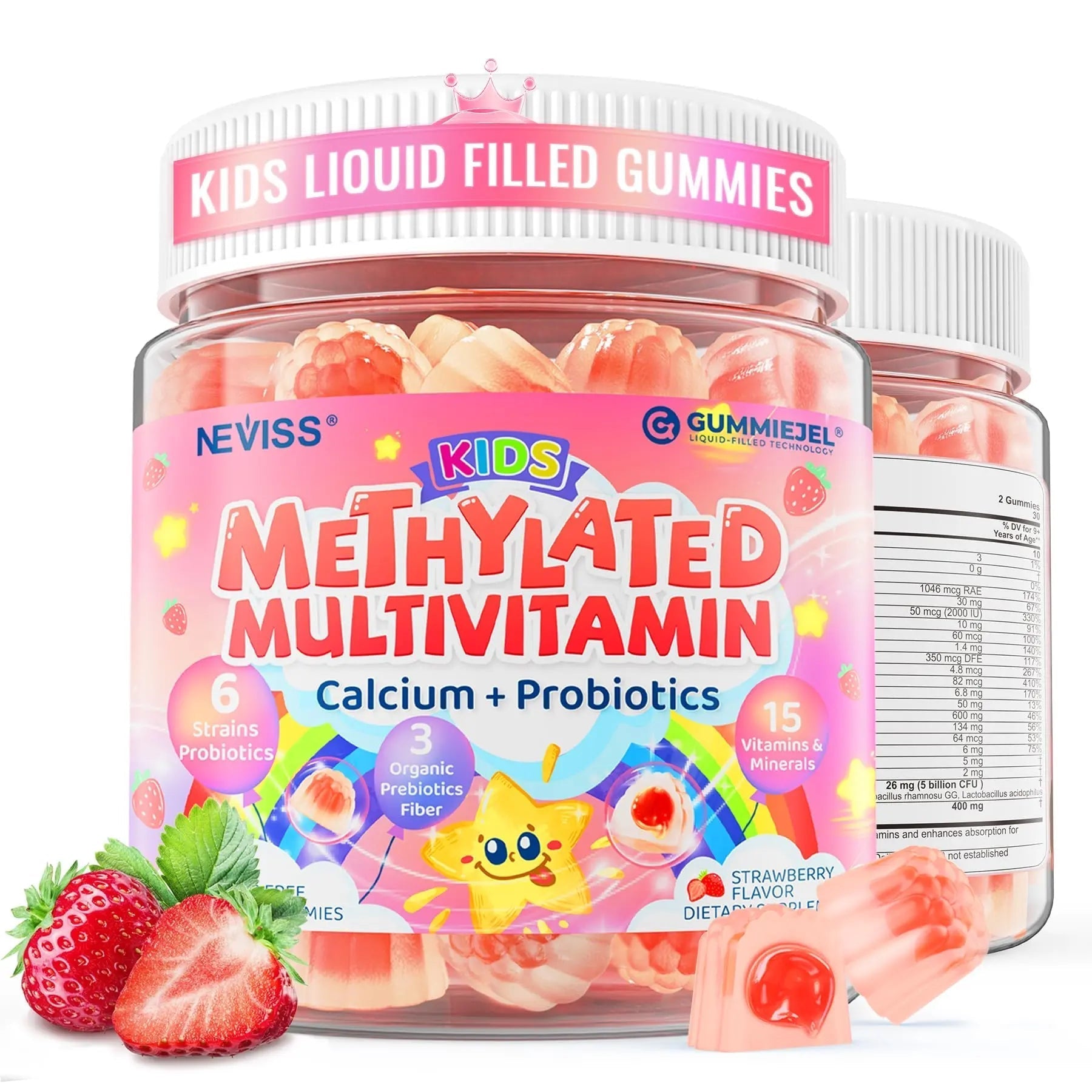 Kids Multivitamin Gummies + Calcium, Probiotics, Vitamin D3, C, Methylated B12 & Methylfolate, B6, A, K2, E, Zinc NEVISSAu supplements