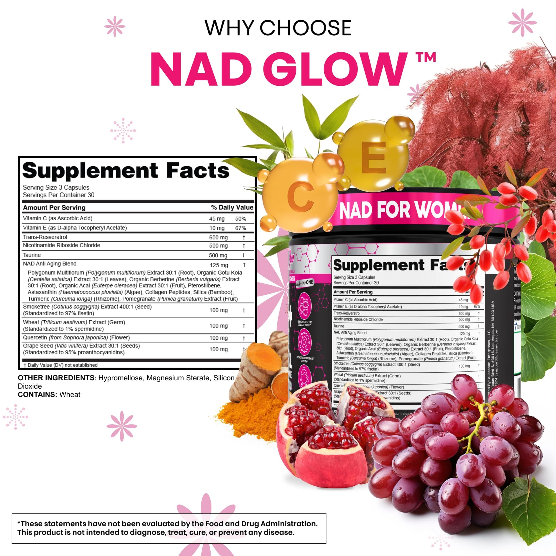 NAD+ Resveratrol Supplement for Women NAD Turmeric Vitamin C Acai Pomegranate Collagen Peptides Nicotinamide Riboside Fisetin Vitamin E Polygonum Multiflorum Berberine 90 Capsules by Clean Nutra Clean NutraceuticalsAu supplements