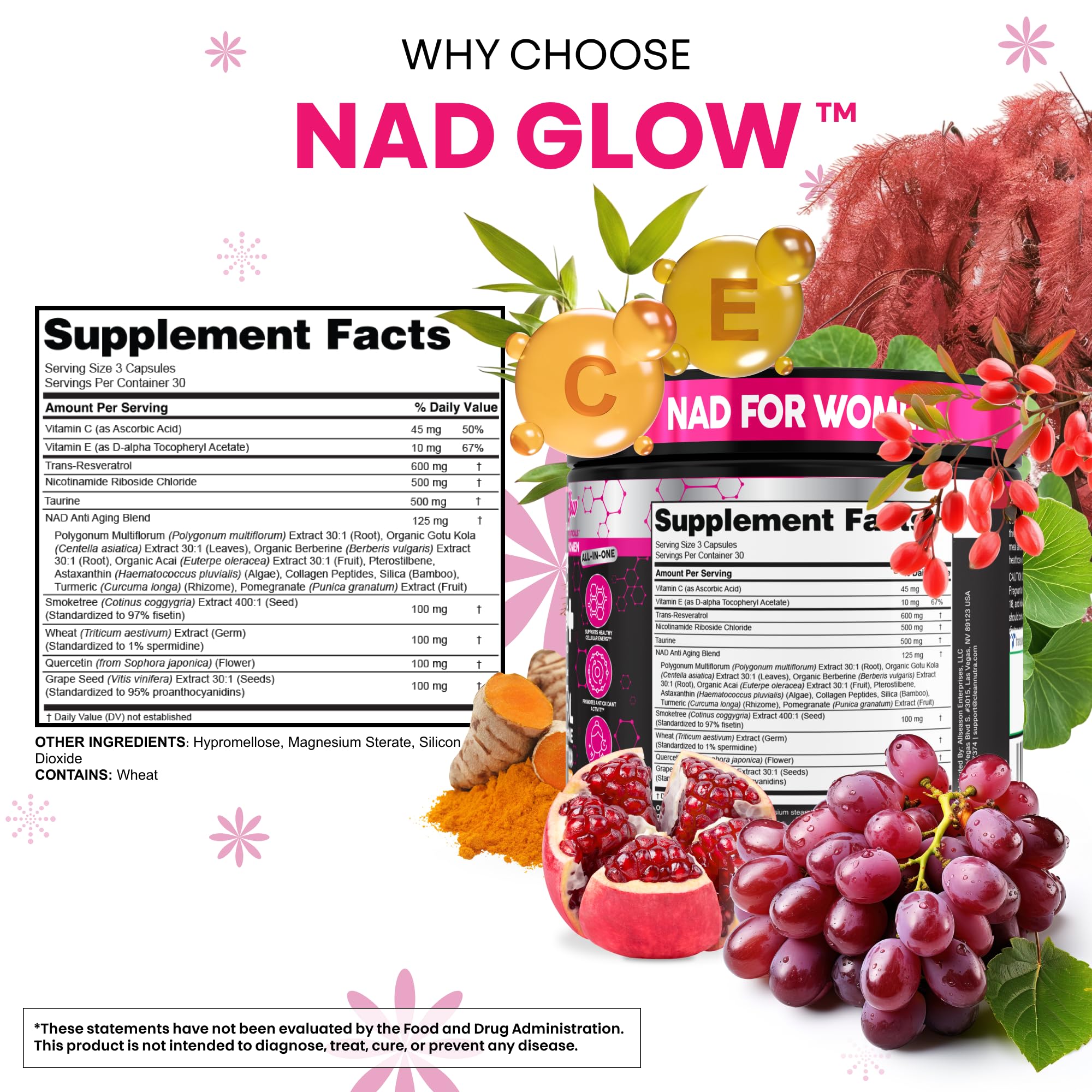 NAD+ Resveratrol Supplement for Women NAD Turmeric Vitamin C Acai Pomegranate Collagen Peptides Nicotinamide Riboside Fisetin Vitamin E Polygonum Multiflorum Berberine 90 Capsules by Clean Nutra Clean NutraceuticalsAu supplements