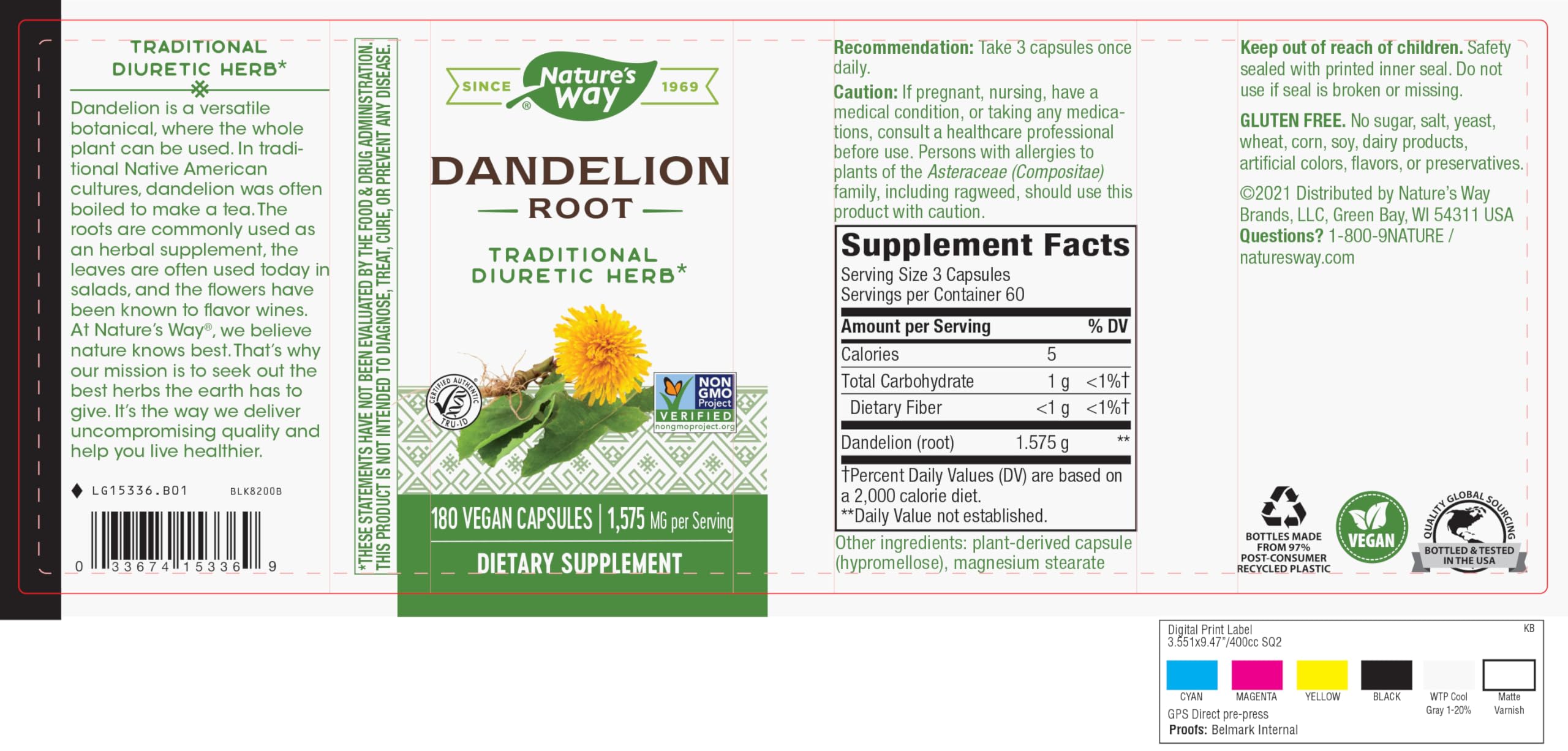 Nature's Way Dandelion Root Diuretic Herb* 525 mg per Capsule Non-GMO Nature's WayAu supplements
