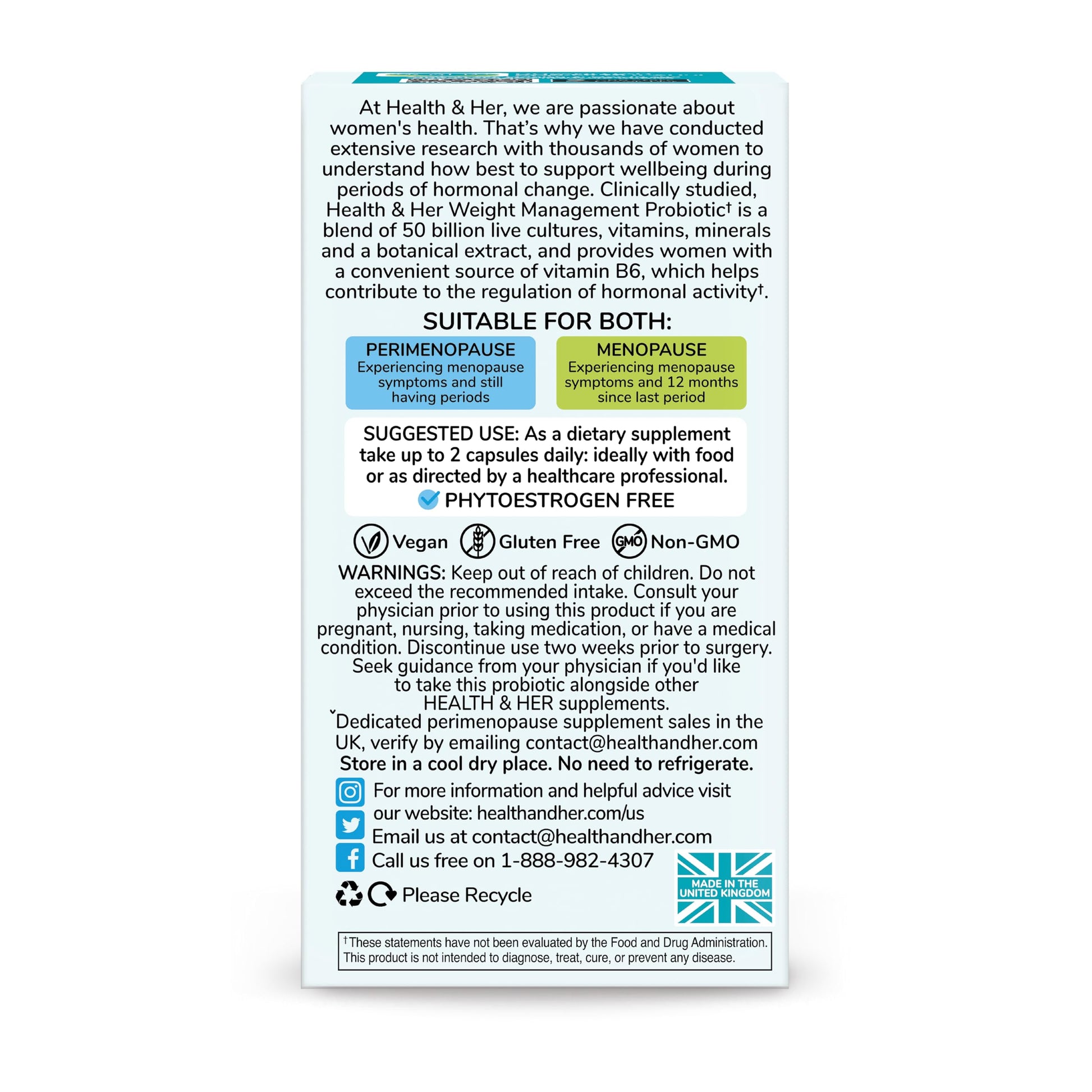 Health & Her Weight Management Probiotics for Women - Perimenopause & Menopause Supplement - Clinically Studied 50bn CFU Probiotics to Support Gut Health, Energy, Mood & Mind, Vegan (60 ct - 1 Month) Health and HerAu supplements