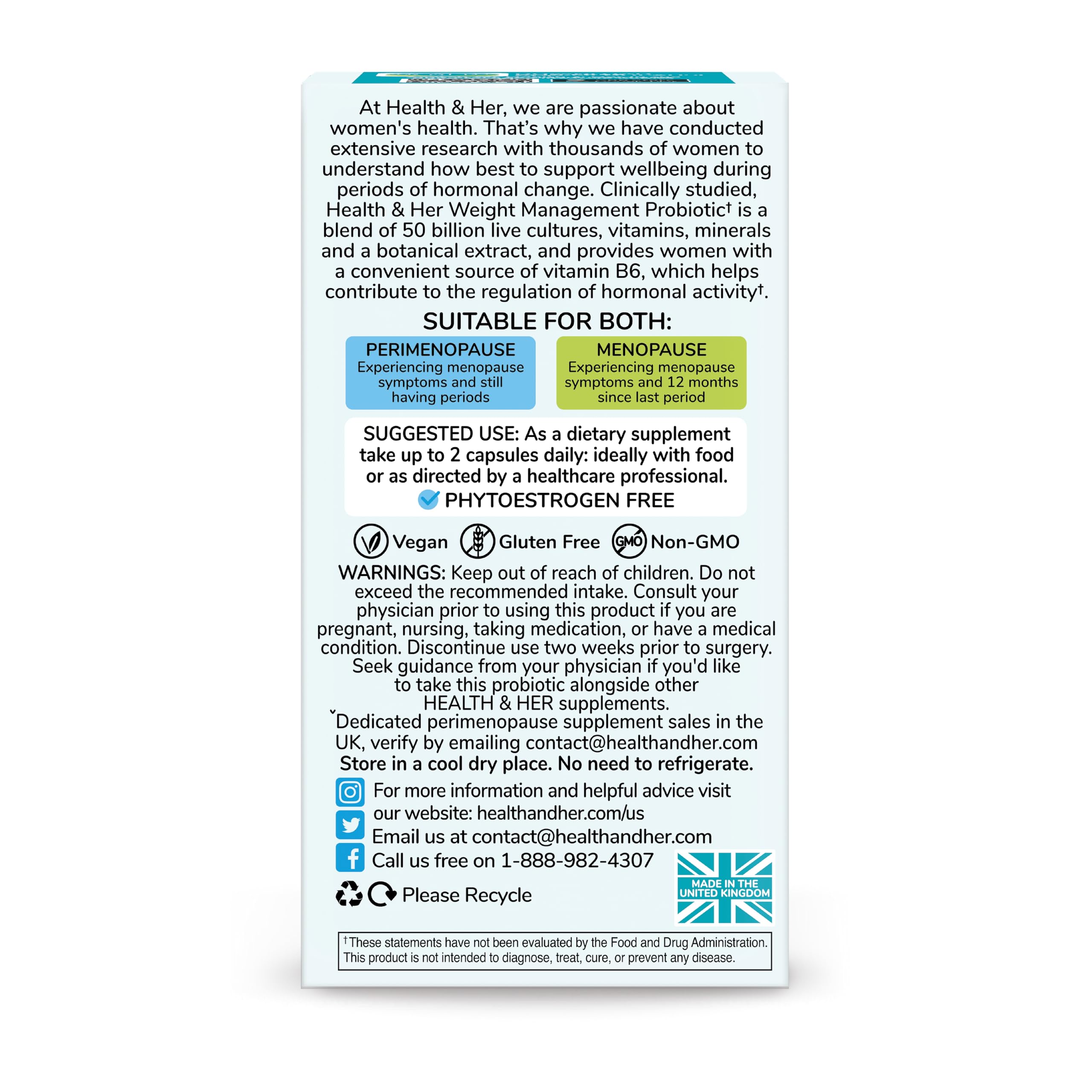 Health & Her Weight Management Probiotics for Women - Perimenopause & Menopause Supplement - Clinically Studied 50bn CFU Probiotics to Support Gut Health, Energy, Mood & Mind, Vegan (60 ct - 1 Month) Health and HerAu supplements