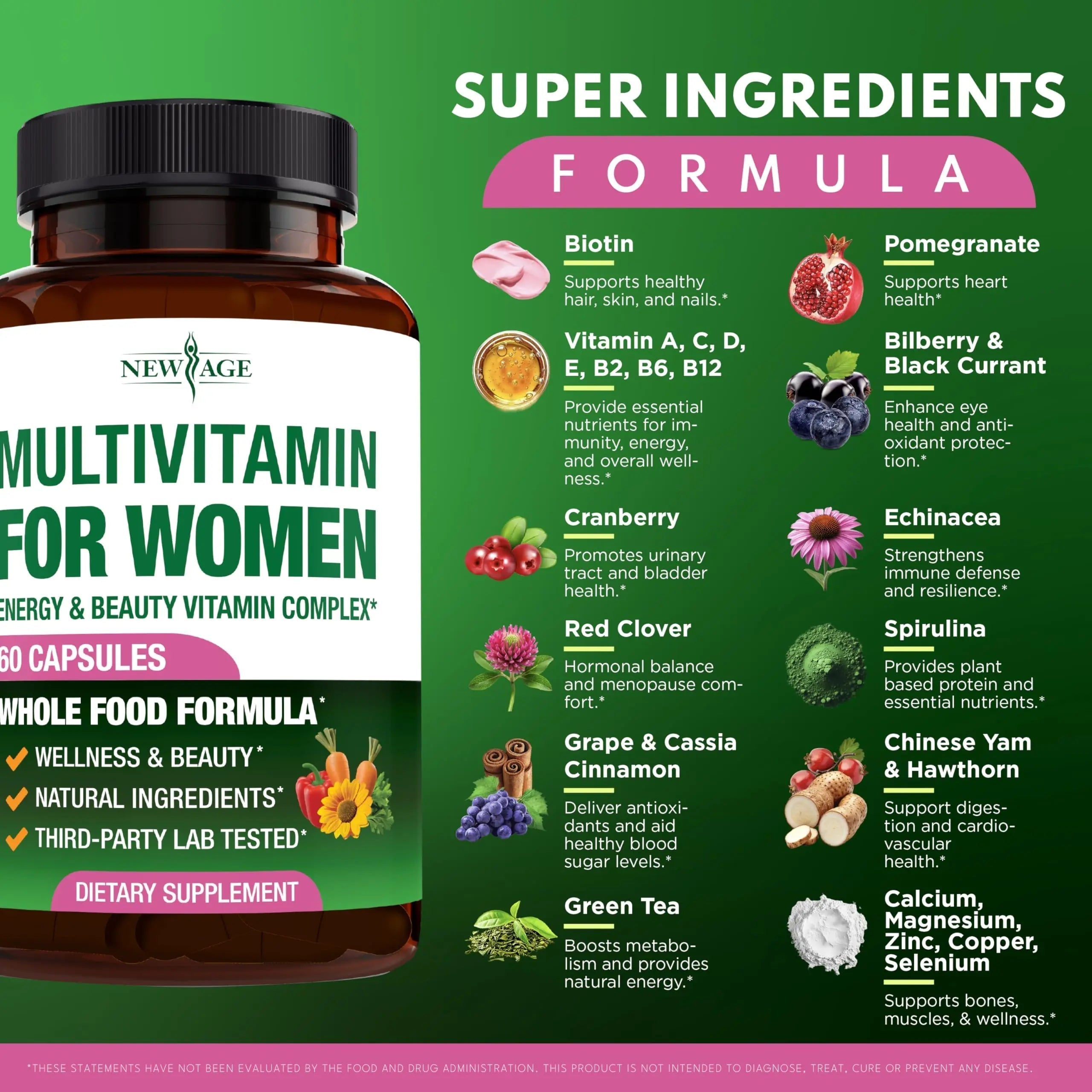 NEW AGE Multivitamin for Women - B-Complex, Whole Foods, Hair Support, Iron - All in1 Womens Multivitamin NEW AGEAu supplements