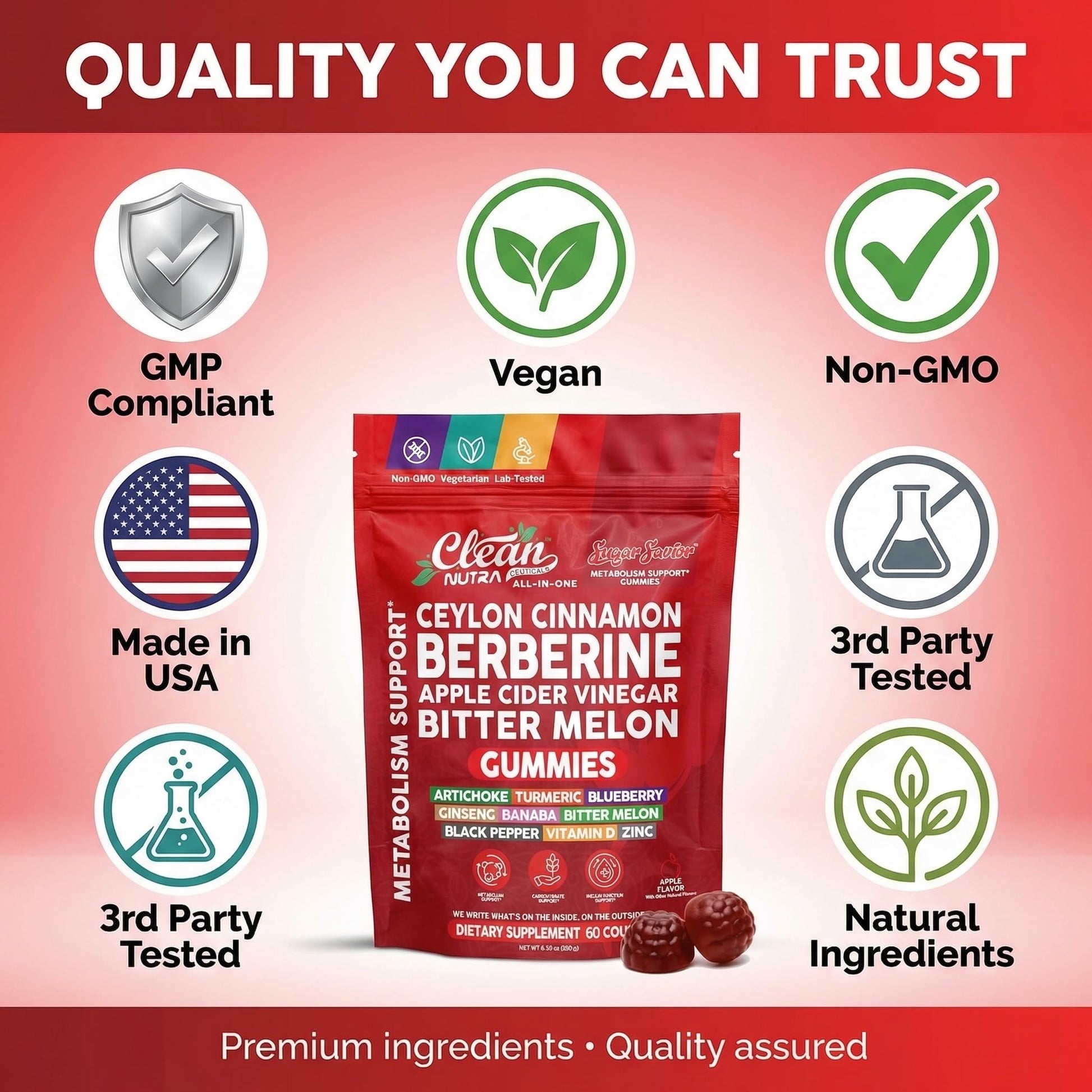 Sugar Savior Ceylon Cinnamon Berberine Gummies Apple Cider Vinegar Artichoke Turmeric Blueberry Ginseng Banaba Bitter Melon Black Pepper Vitamin D Zinc GLP1 Gummies 60 Count by Clean Nutra Clean NutraceuticalsAu supplements