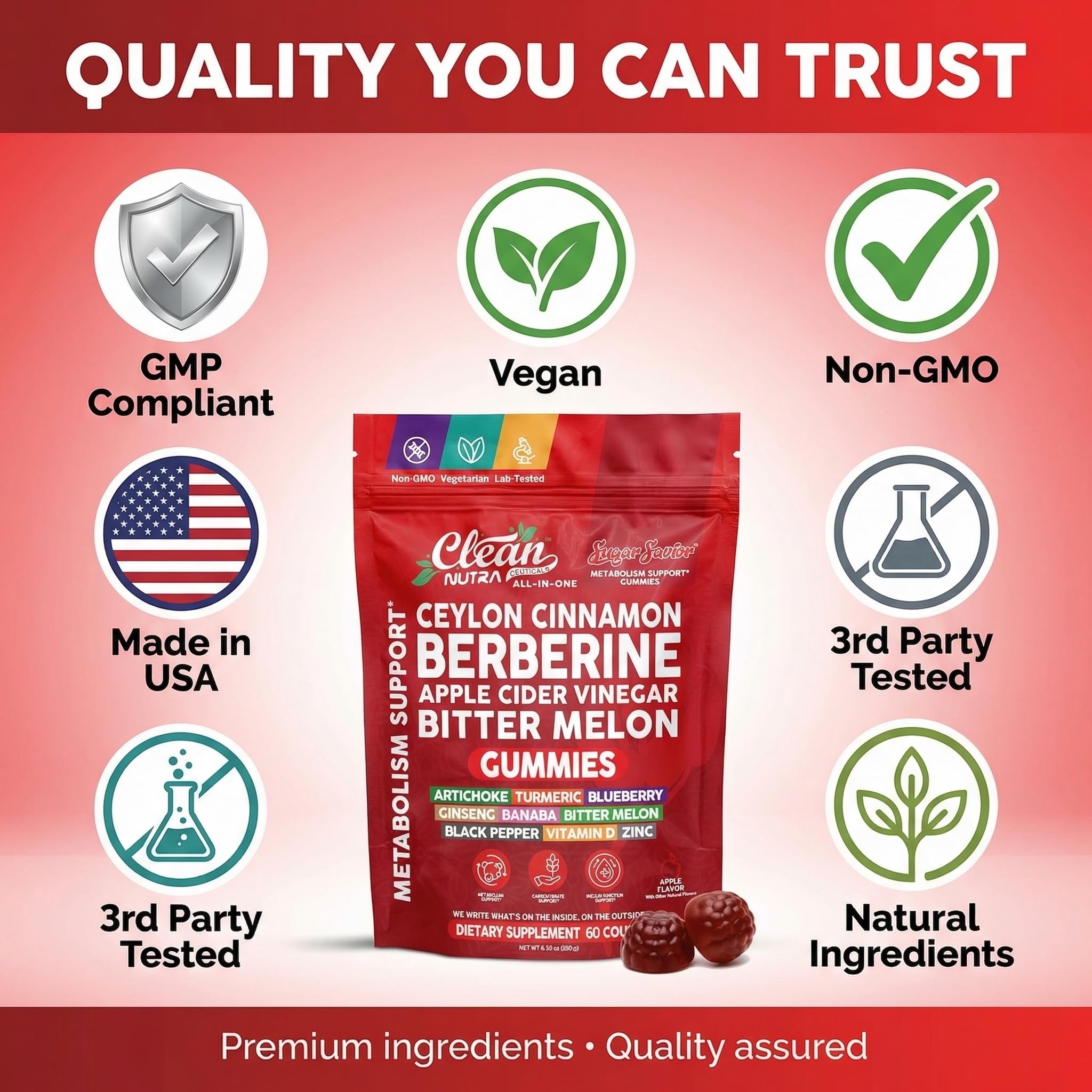 Sugar Savior Ceylon Cinnamon Berberine Gummies Apple Cider Vinegar Artichoke Turmeric Blueberry Ginseng Banaba Bitter Melon Black Pepper Vitamin D Zinc GLP1 Gummies 60 Count by Clean Nutra Clean NutraceuticalsAu supplements